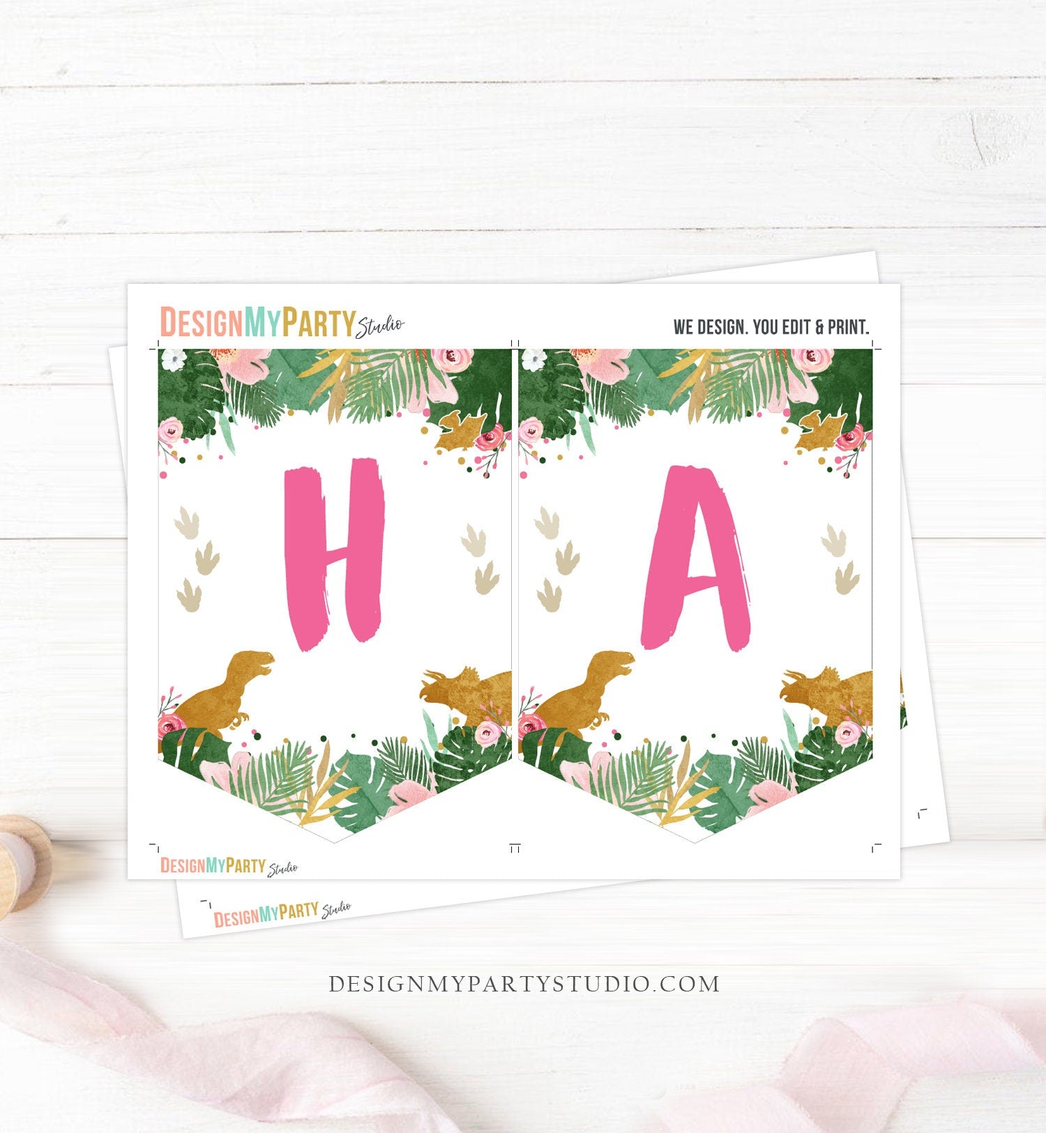 Happy Birthday Banner Girl Dinosaur Birthday Banner Pink Gold Dino Prehistoric Dinosaur Decor Instant download PRINTABLE DIGITAL DIY 0146