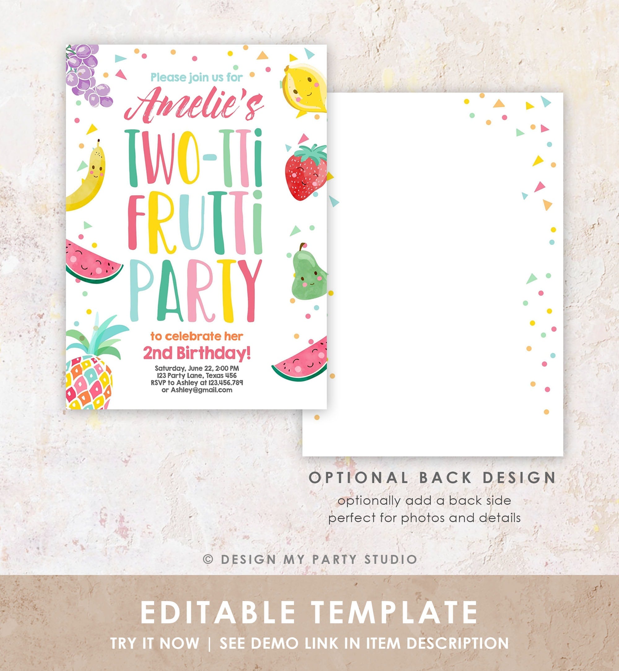 Editable Two-tti Frutti Birthday Invitation Two-tti Fruiti Fruit Second 2nd Birthday Tropical Summer Digital Corjl Template Printable 0139