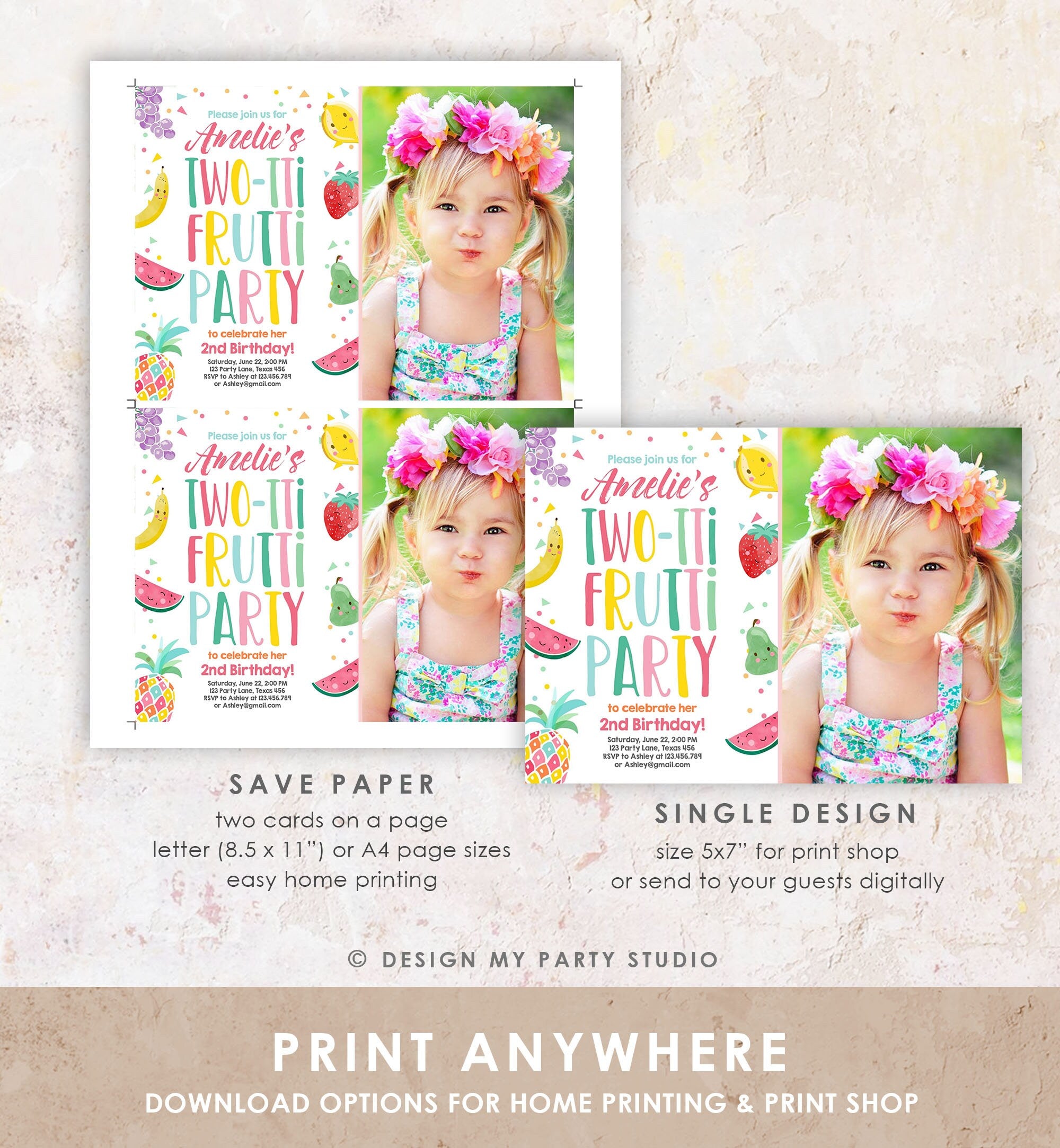 Editable Two-tti Frutti Birthday Invitation Two-tti Fruiti Fruit Second 2nd Birthday Tropical Summer Digital Corjl Template Printable 0139