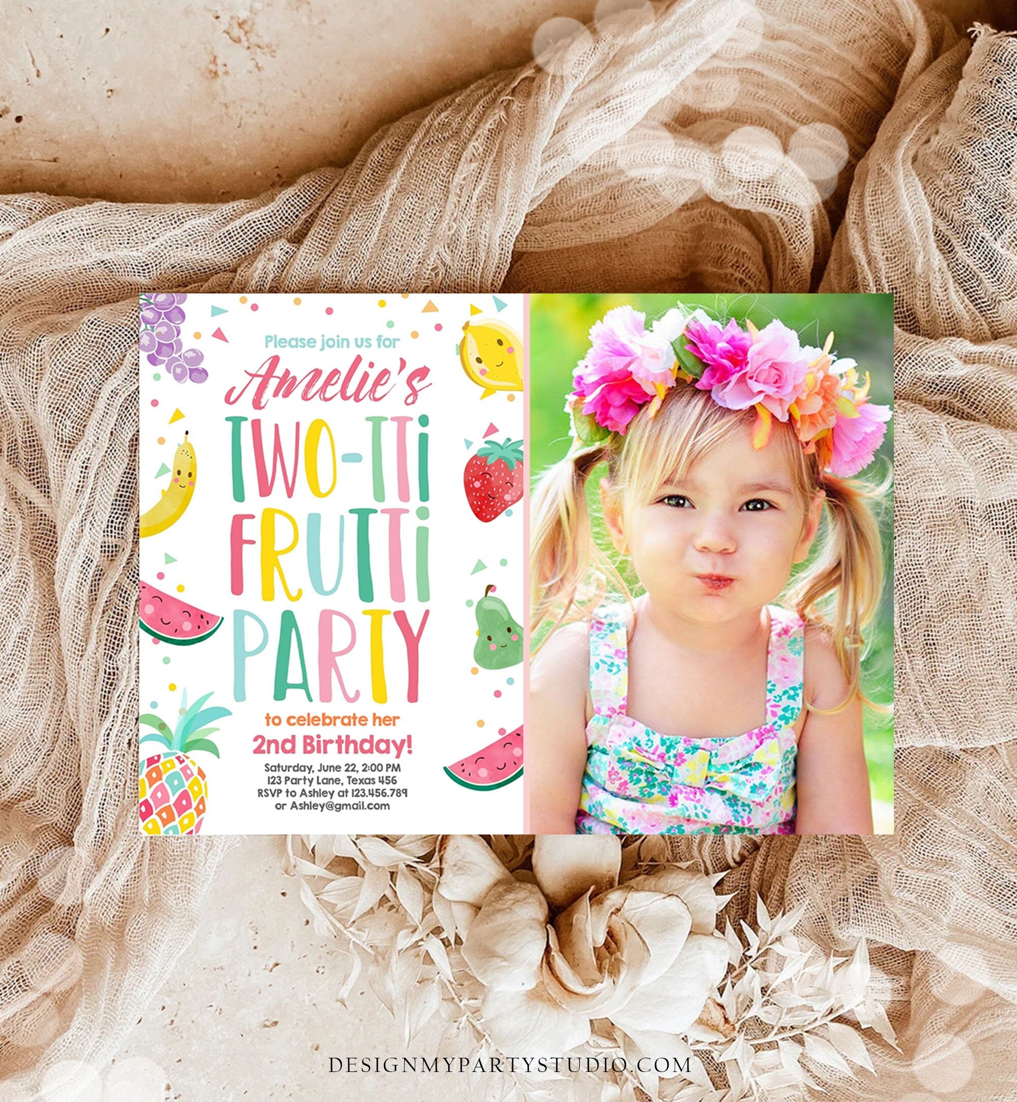 Editable Two-tti Frutti Birthday Invitation Two-tti Fruiti Fruit Second 2nd Birthday Tropical Summer Digital Corjl Template Printable 0139