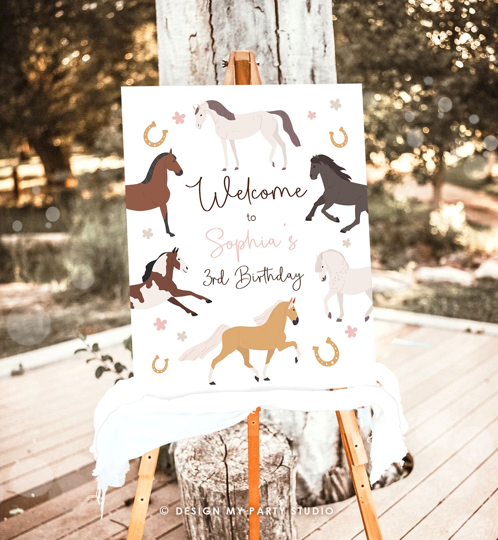 Editable Horse Birthday Welcome Sign Pony Birthday Welcome Sign Cowgirl Party Floral Girl Horse Party Download Template Corjl PRINTABLE 0513