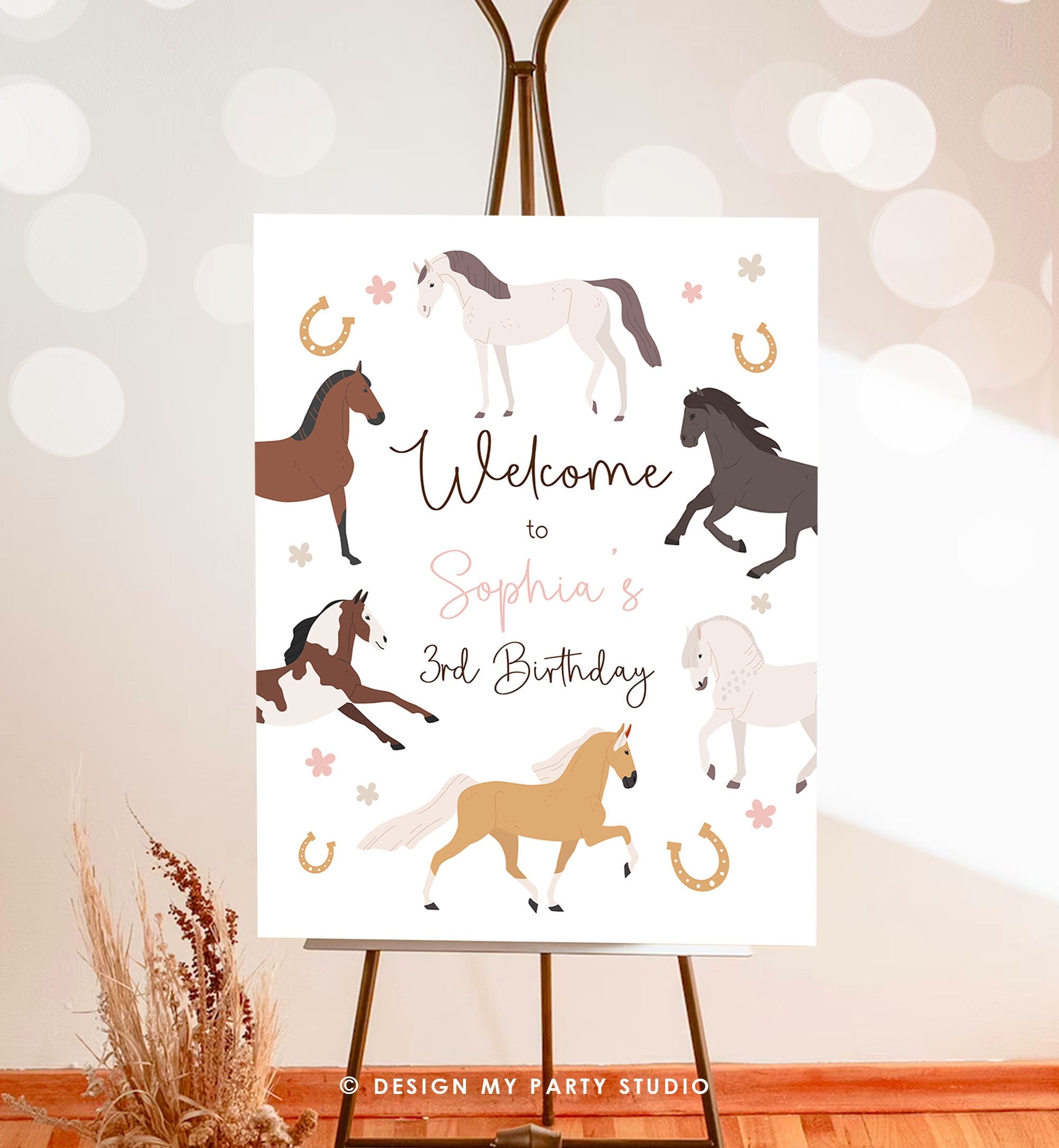 Editable Horse Birthday Welcome Sign Pony Birthday Welcome Sign Cowgirl Party Floral Girl Horse Party Download Template Corjl PRINTABLE 0513