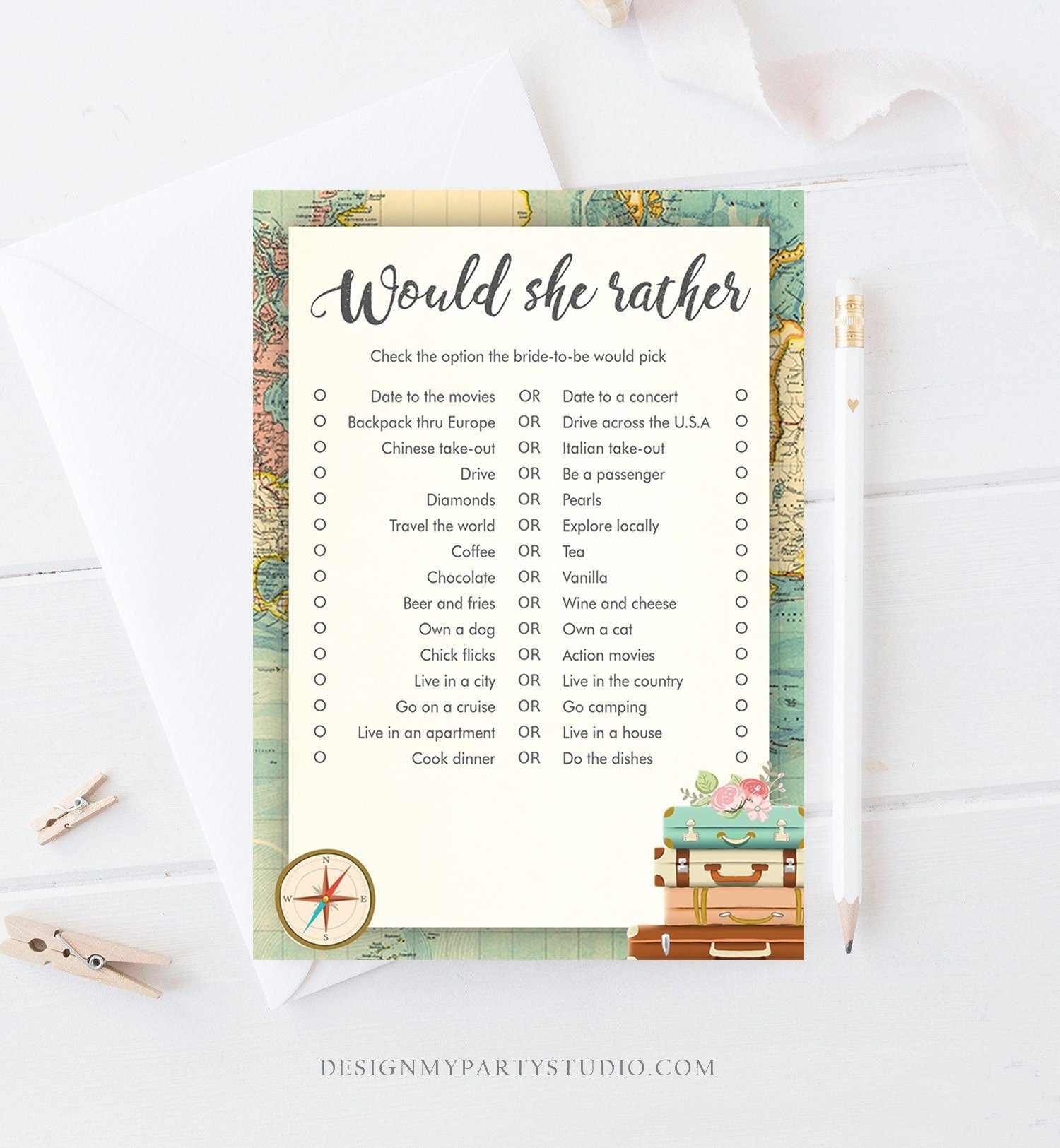 Editable Would She Rather Bridal Shower Game Travel Would the Bride Wedding Shower Activity Vintage Map Party Corjl Template Printable 0044