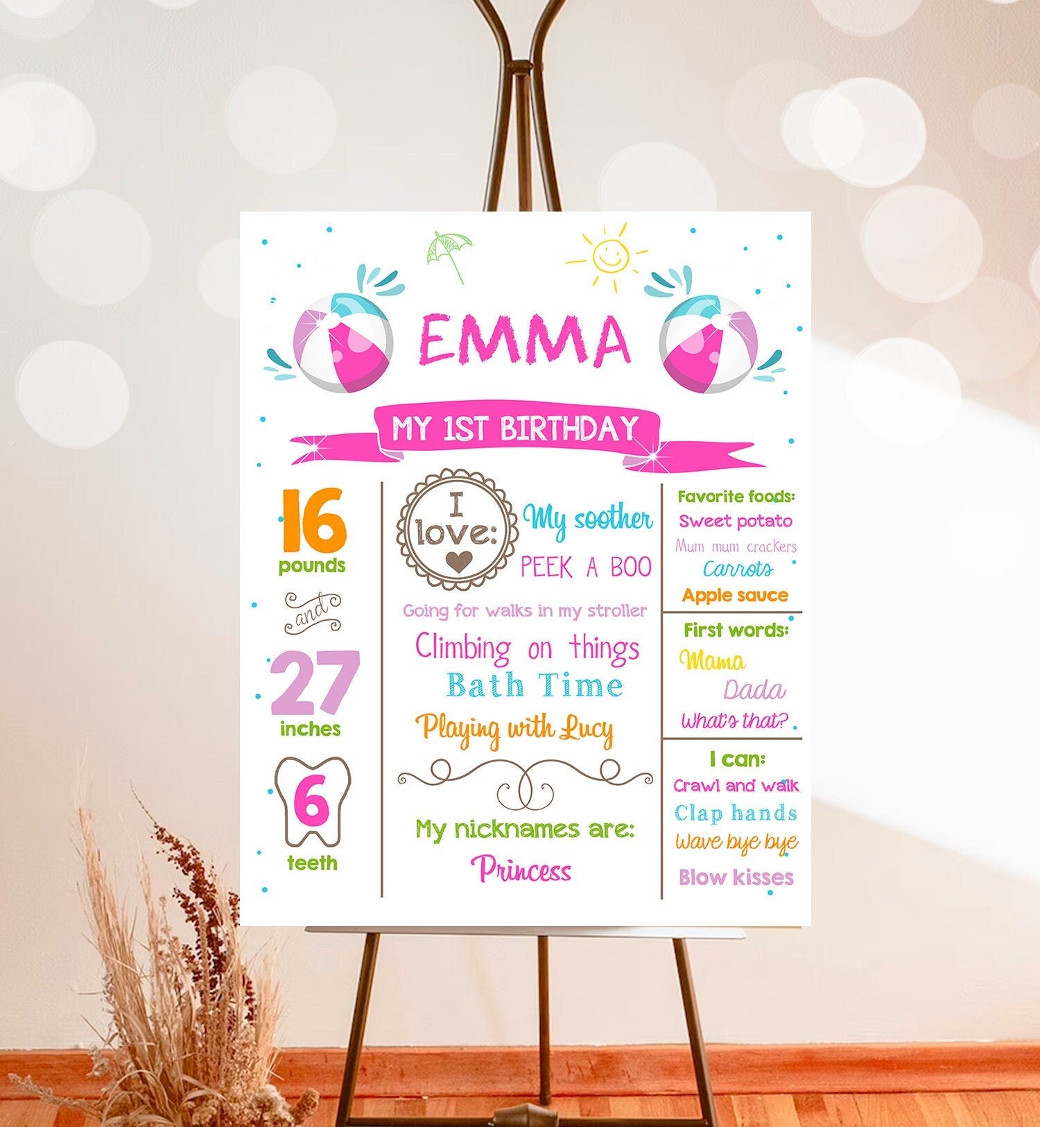 Editable Pool Party Birthday Milestones Poster Birthday Decor Splish Splash Ball Birthday Girl Pink First 1st Download Printable Corjl 0169