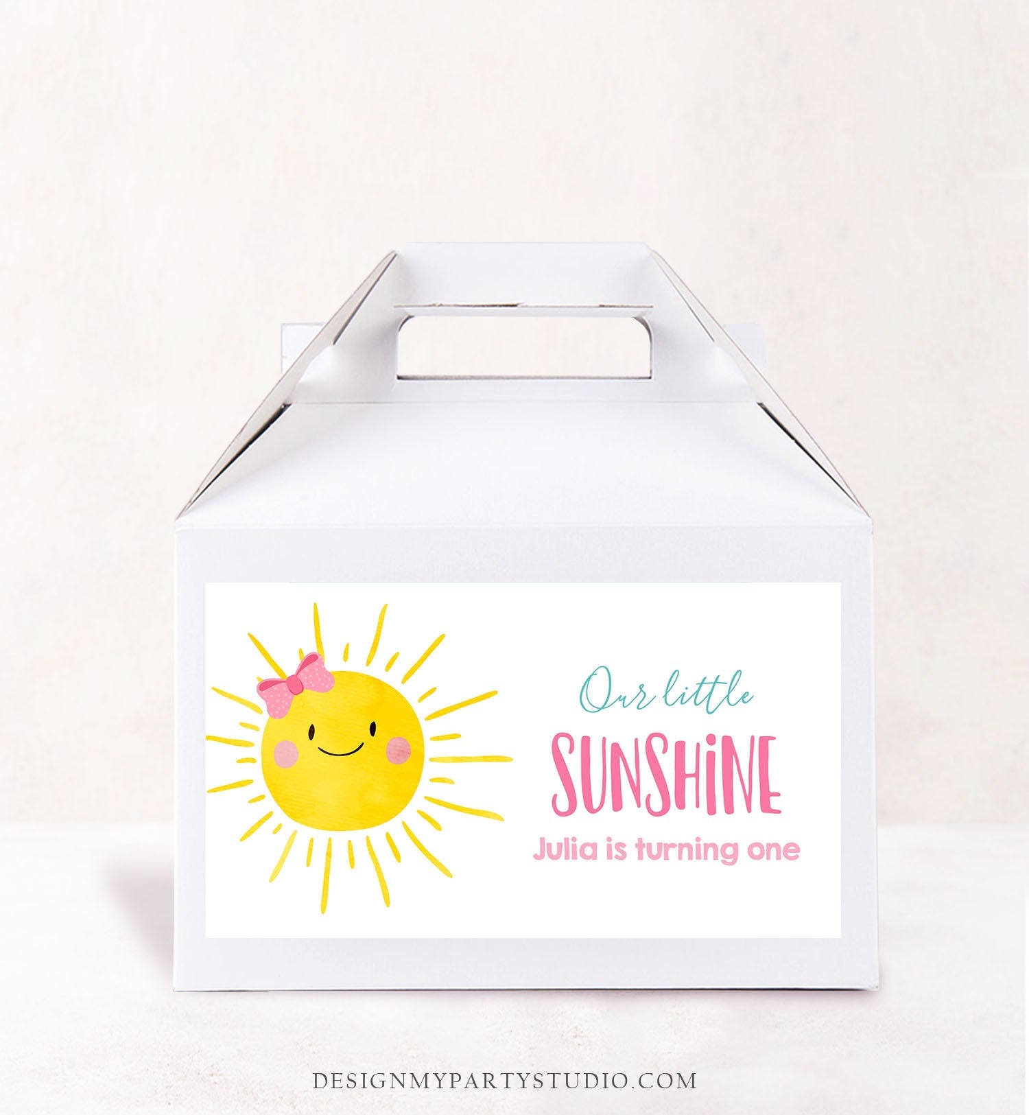 Editable Sunshine Girl Birthday Party Gable Box Favor Label Boho Sun Gift Box Labels Sun First Trip Pink Download Printable Corjl 0141