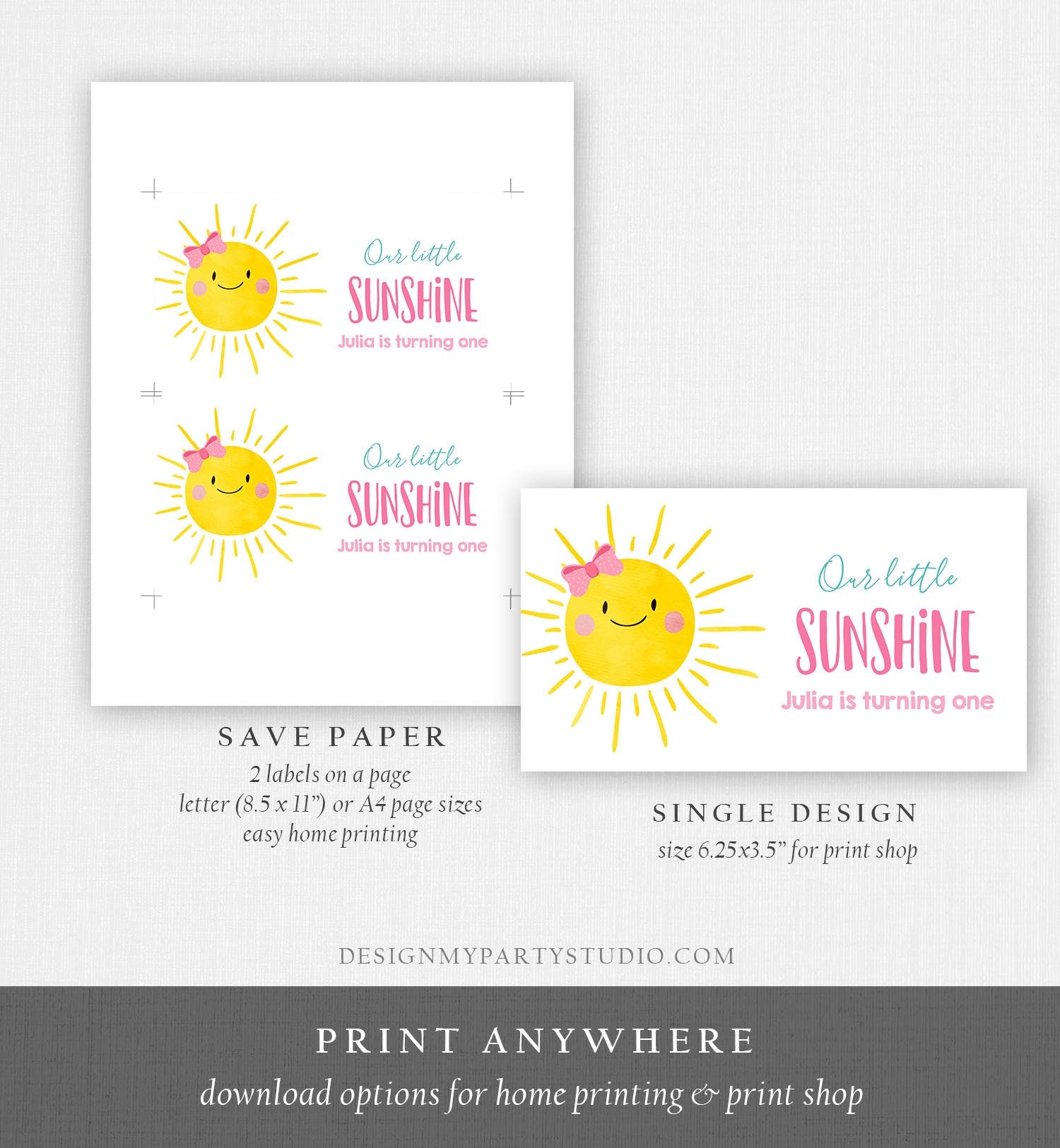 Editable Sunshine Girl Birthday Party Gable Box Favor Label Boho Sun Gift Box Labels Sun First Trip Pink Download Printable Corjl 0141