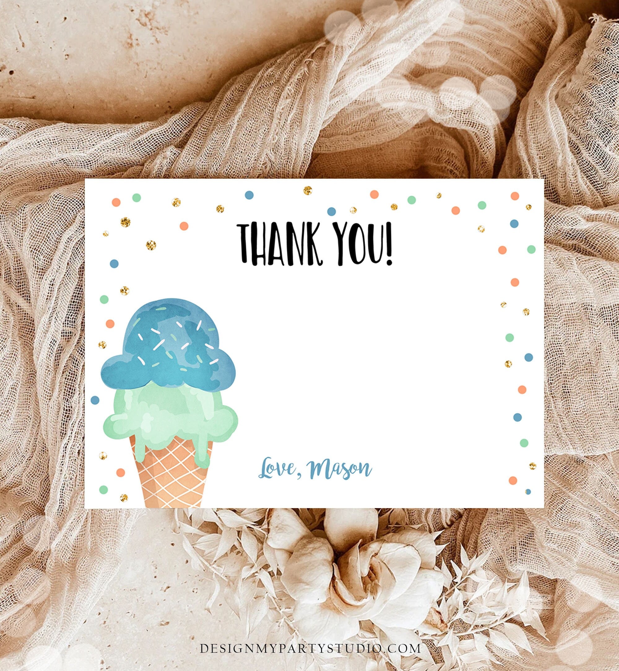 Editable Ice Cream Thank You Card Ice Cream Birthday Thank you Note Boy Birthday Summer Digital Download Corjl Template Printable 0243