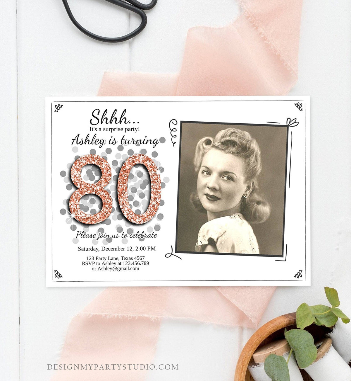 Editable ANY AGE Surprise Birthday Invitation Adult 80th Party Rustic White Rose Gold Glitter Photo Download Printable Corjl Template 0103