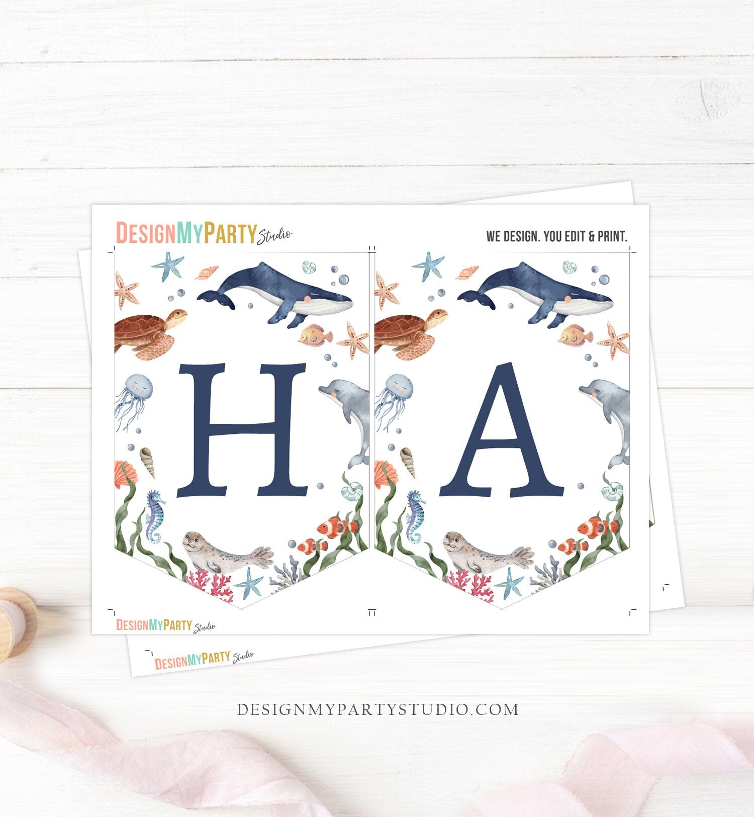 Under the Sea Happy Birthday Banner Sea Ocean Animals Life Decor Whale Turtle Dolphin Jellyfish Decor Instant Download Printable 0504