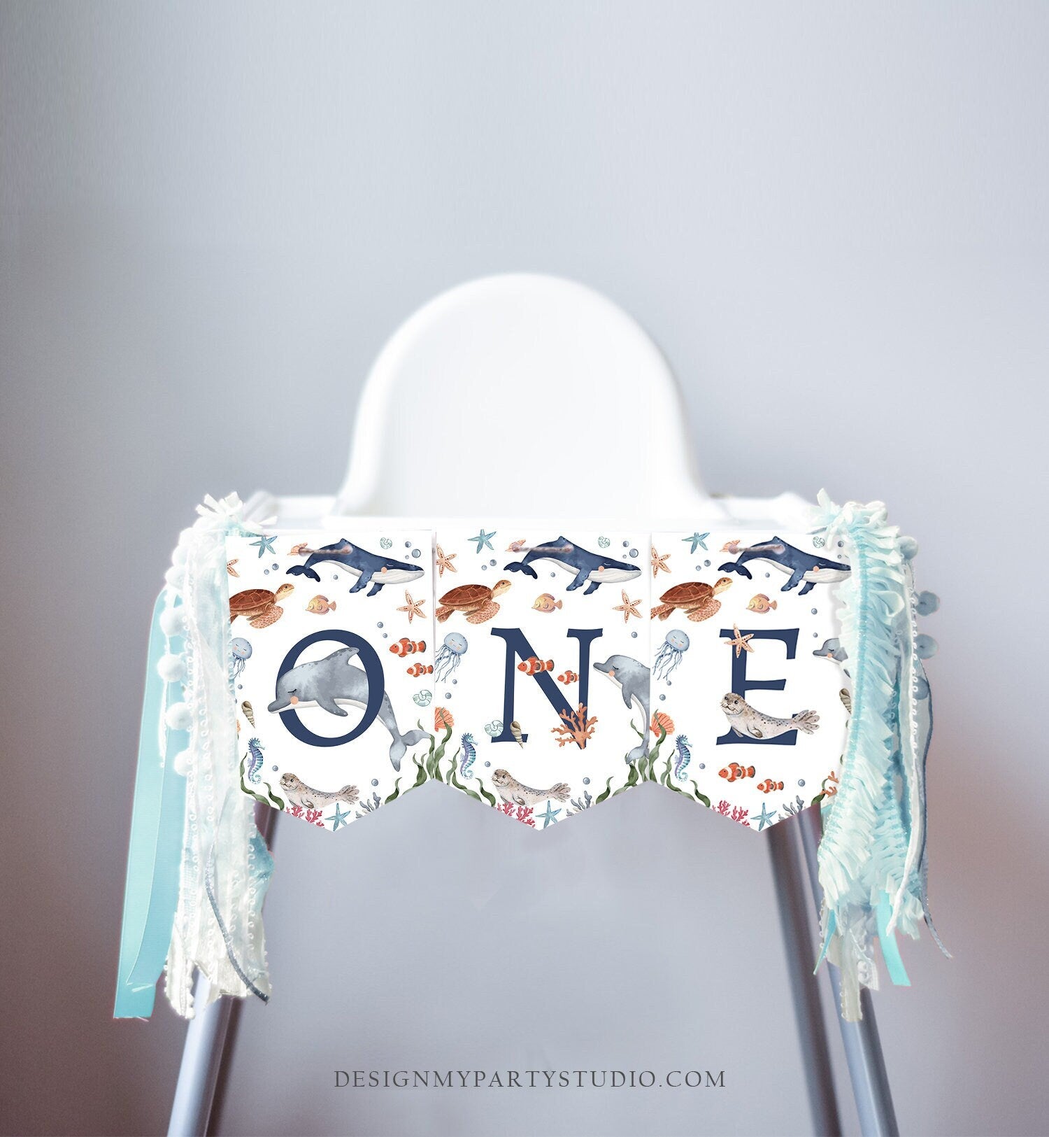 Under the Sea High Chair Banner Sea Ocean Life Animals 1st First Birthday Whale Turtle Dolphin ONE Banner Party Decor Digital PRINTABLE 0504