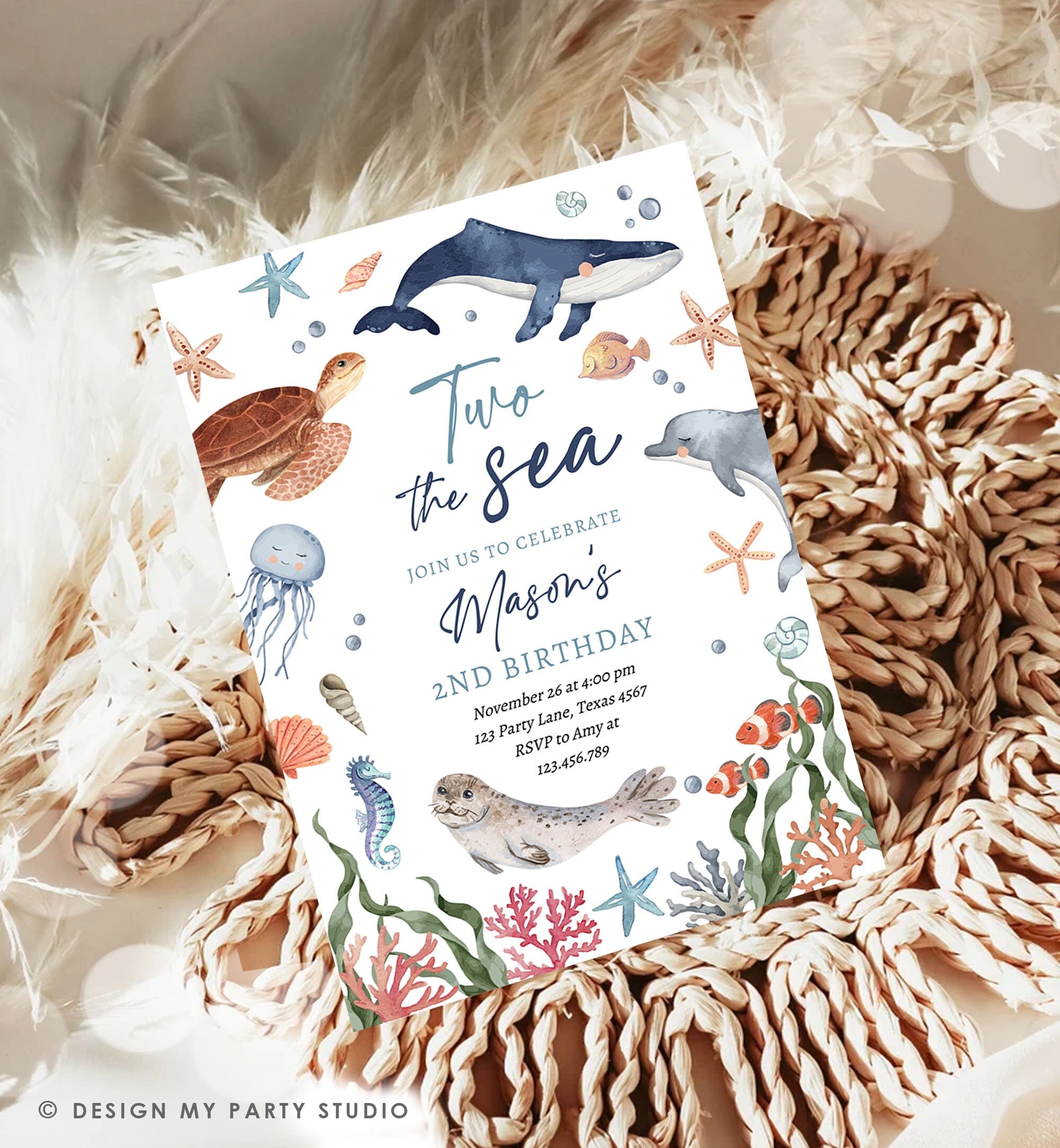 Editable Two the Sea Birthday Invitation Nautical 2nd Birthday Second Under The Sea Ocean Animals Download Printable Corjl Template 0504