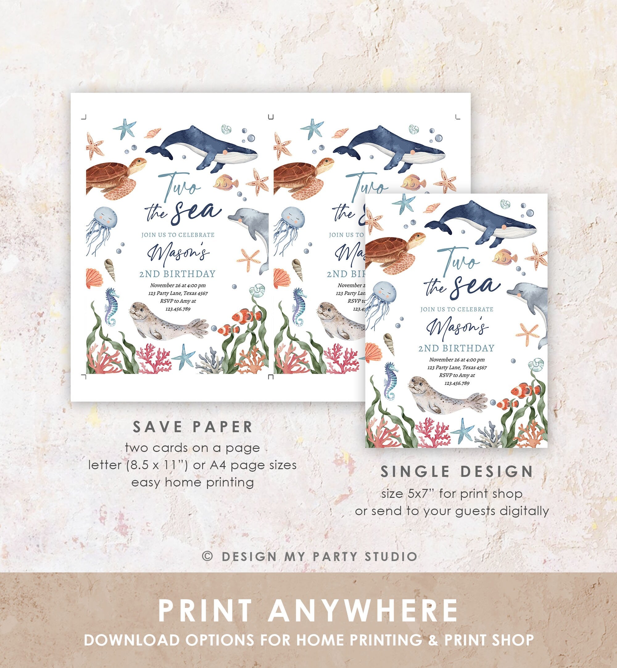 Editable Two the Sea Birthday Invitation Nautical 2nd Birthday Second Under The Sea Ocean Animals Download Printable Corjl Template 0504