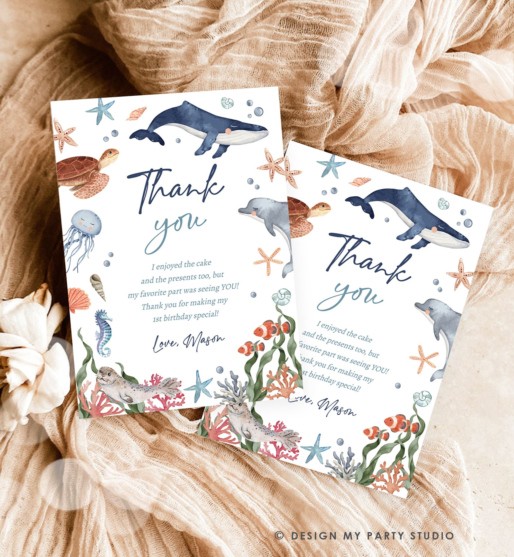 Editable Under the Sea Thank You Card Sea Ocean Animals Life Birthday Thank You Note Whale Turtle Dolphin Corjl Template Printable 0504