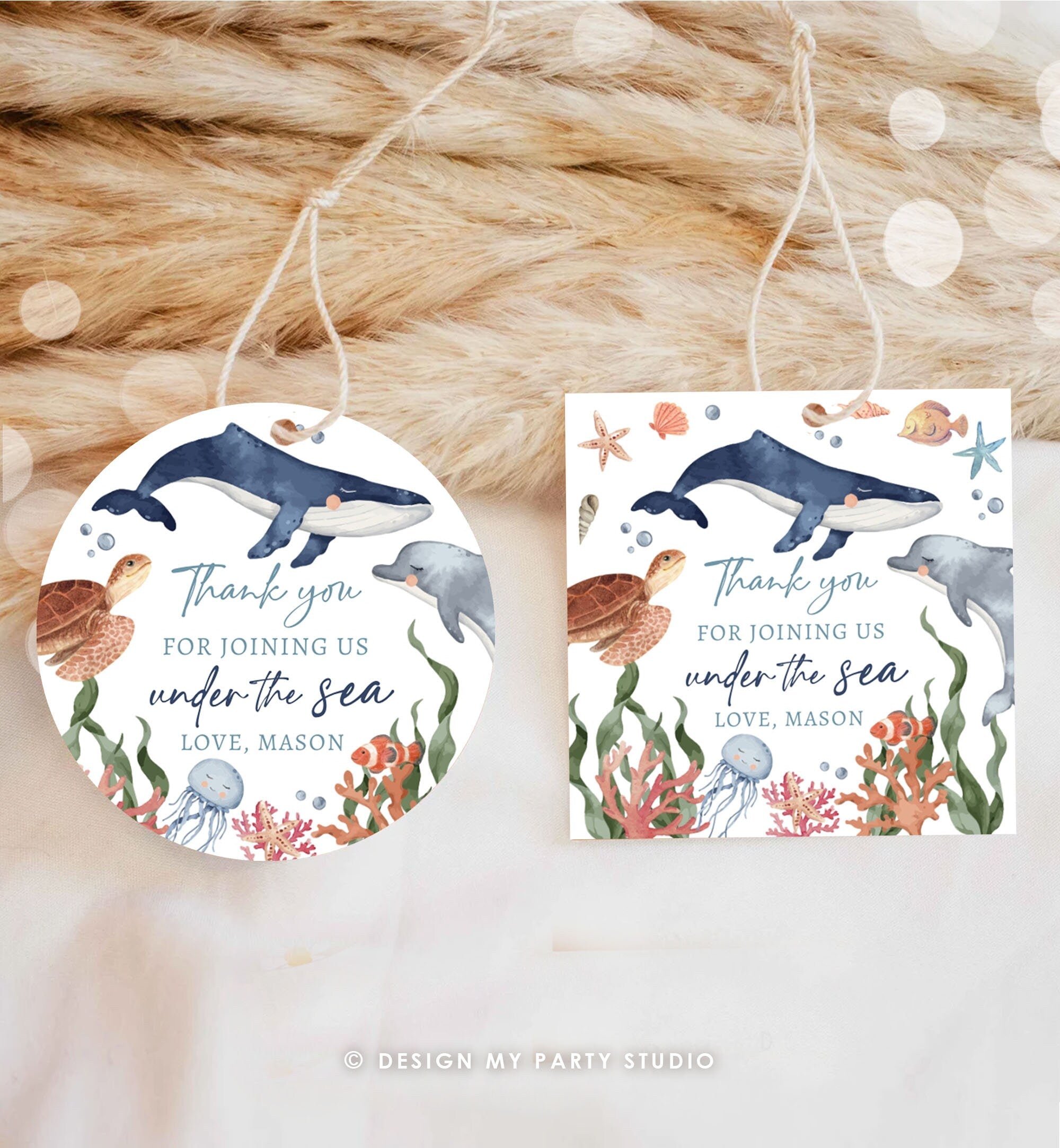 Editable Under the Sea Birthday Favor Tags Sea Ocean Life Animals Thank You Stickers Whale Turtle Dolphin Corjl Template PRINTABLE 0504