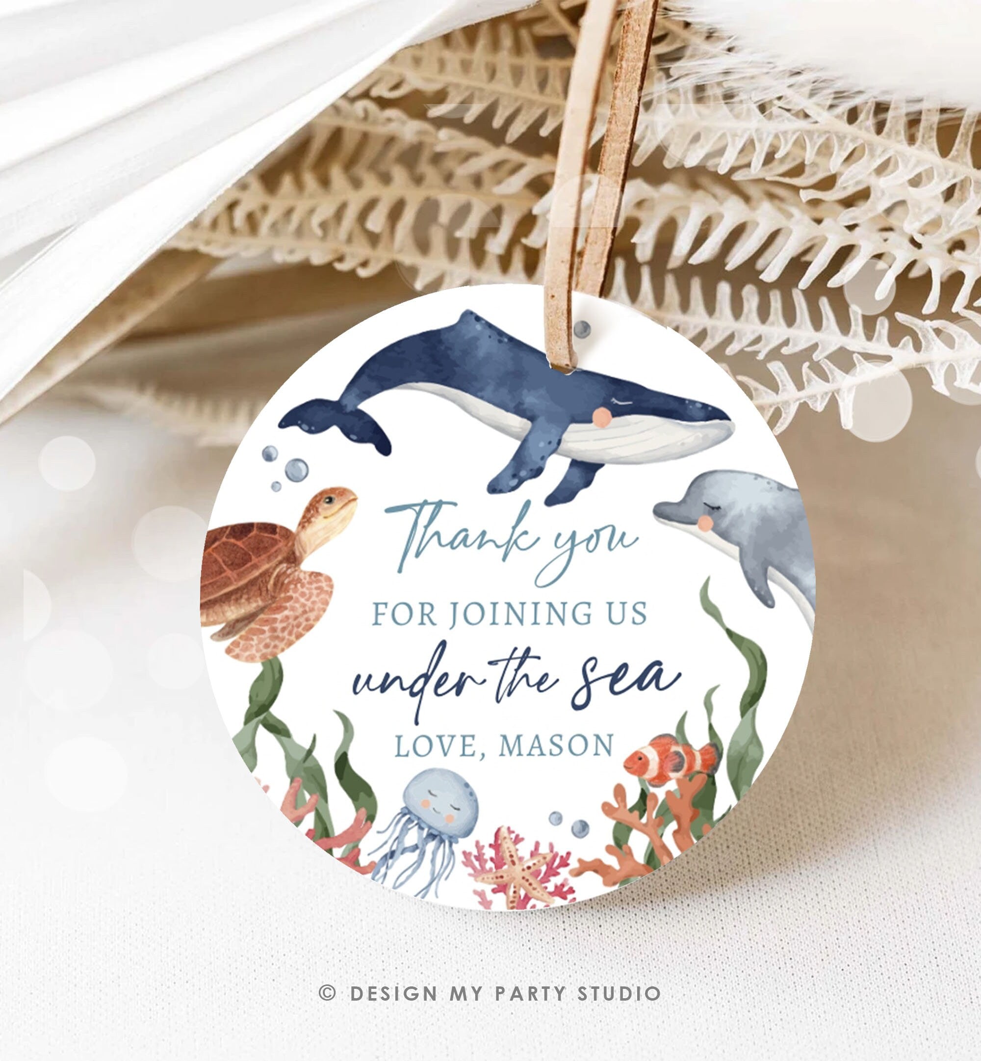 Editable Under the Sea Birthday Favor Tags Sea Ocean Life Animals Thank You Stickers Whale Turtle Dolphin Corjl Template PRINTABLE 0504