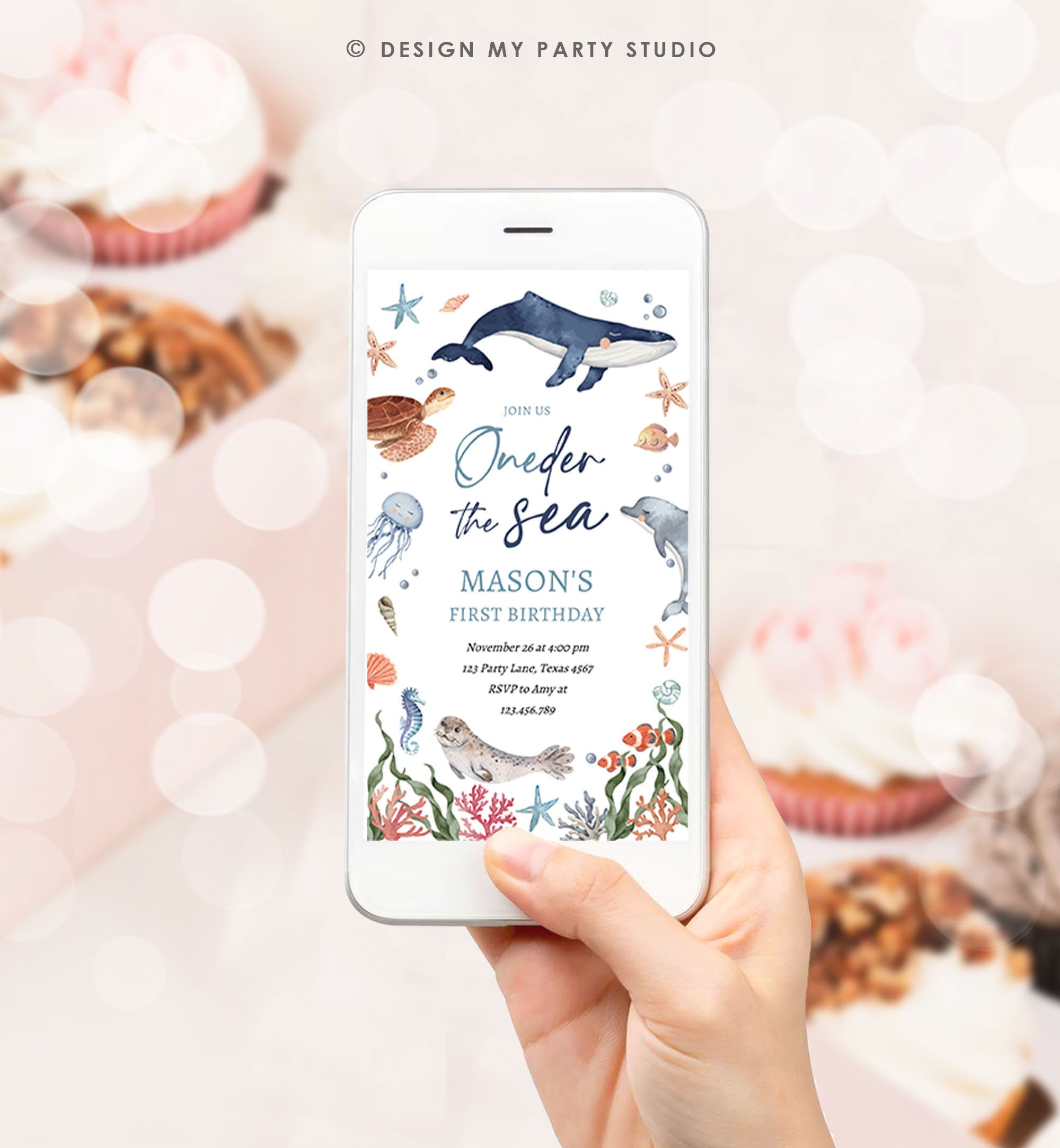 Editable Oneder the Sea Birthday Invitation Nautical 1st Birthday First Under The Sea Ocean Animals Download Phone Evite Corjl Template 0504