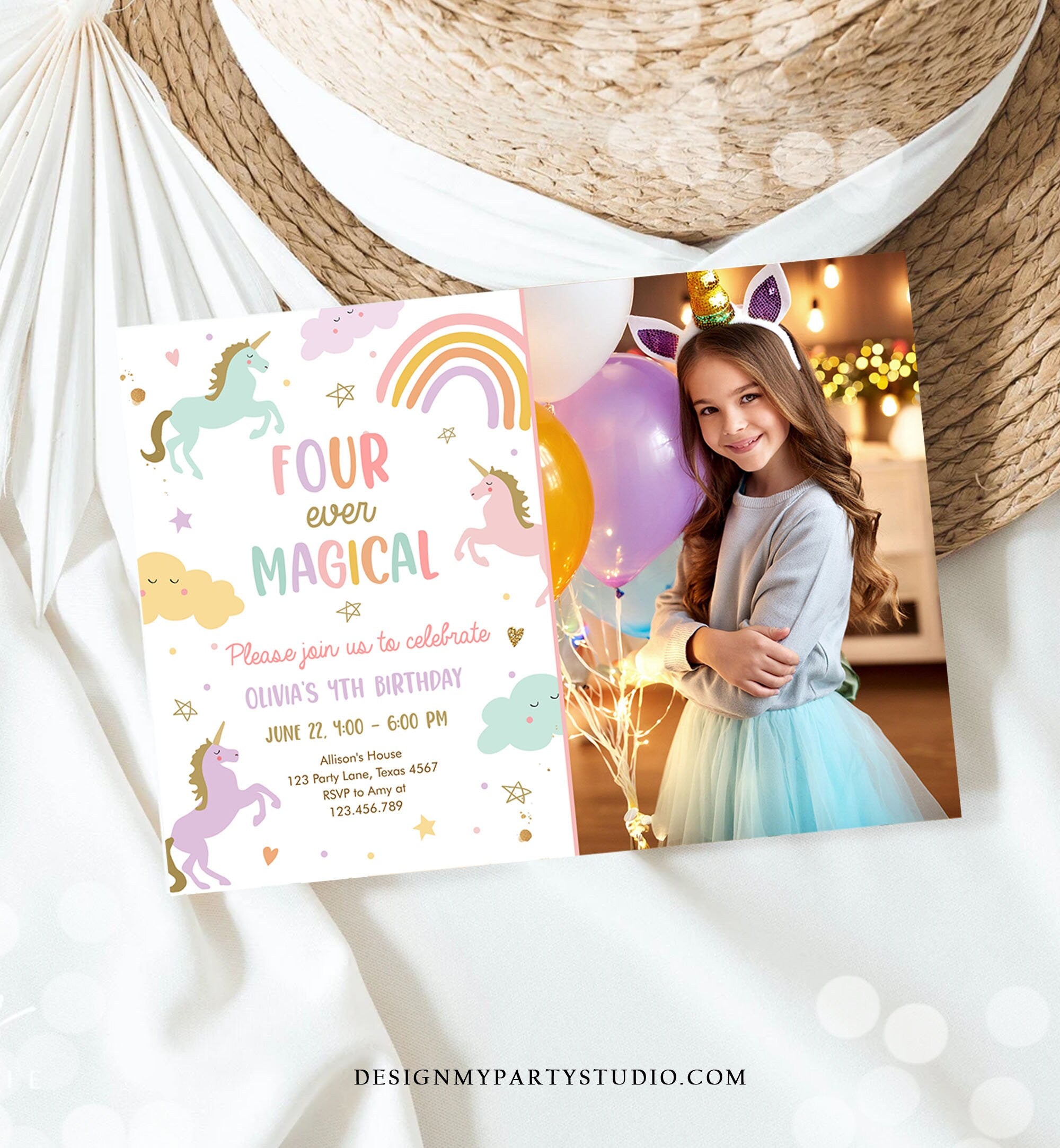 Editable Unicorn 4th Birthday Invitation Four Ever Magical Party Invite Girl Pastel Fourth Birthday Template Rainbow Download Corjl 0426