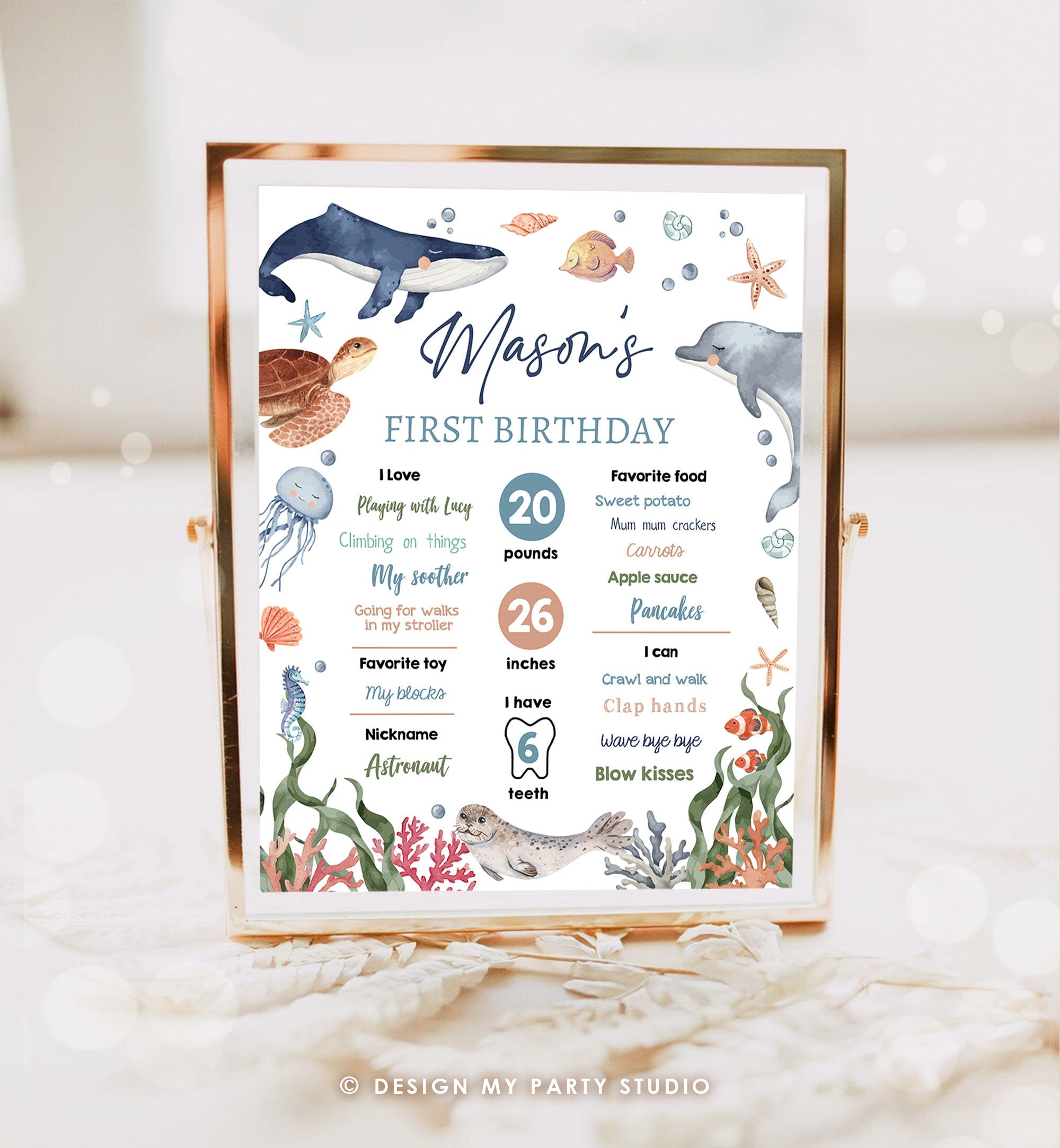 Editable Under the Sea Birthday Milestone Sign Poster First Birthday Sea Ocean Life Animals Whale Turtle Dolphin Template Printable 0504