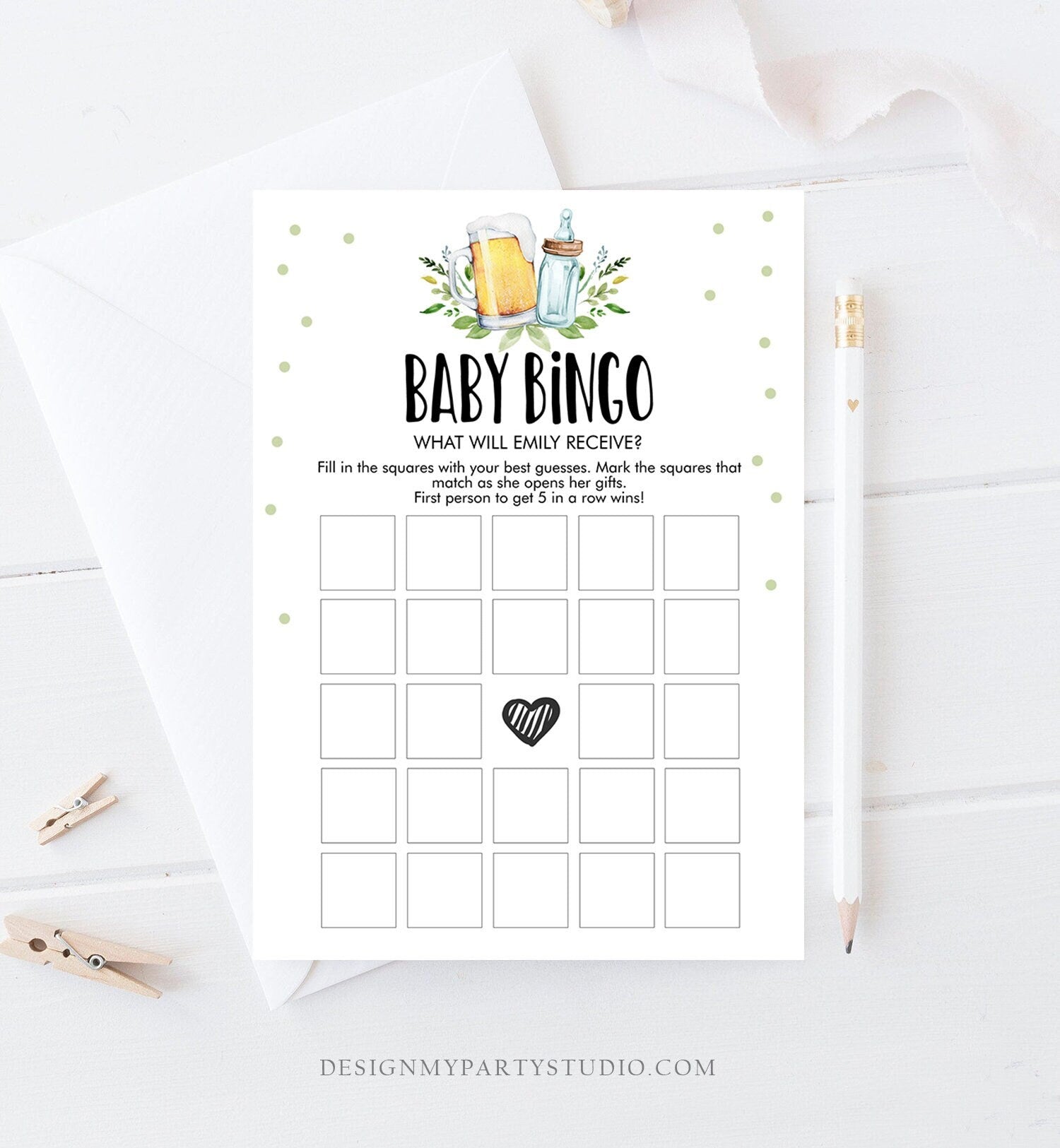 Editable Baby Bingo Baby Shower Game Greenery Baby is Brewing Shower Activity Neutral Beer Bottle Party Corjl Template Printable 0190