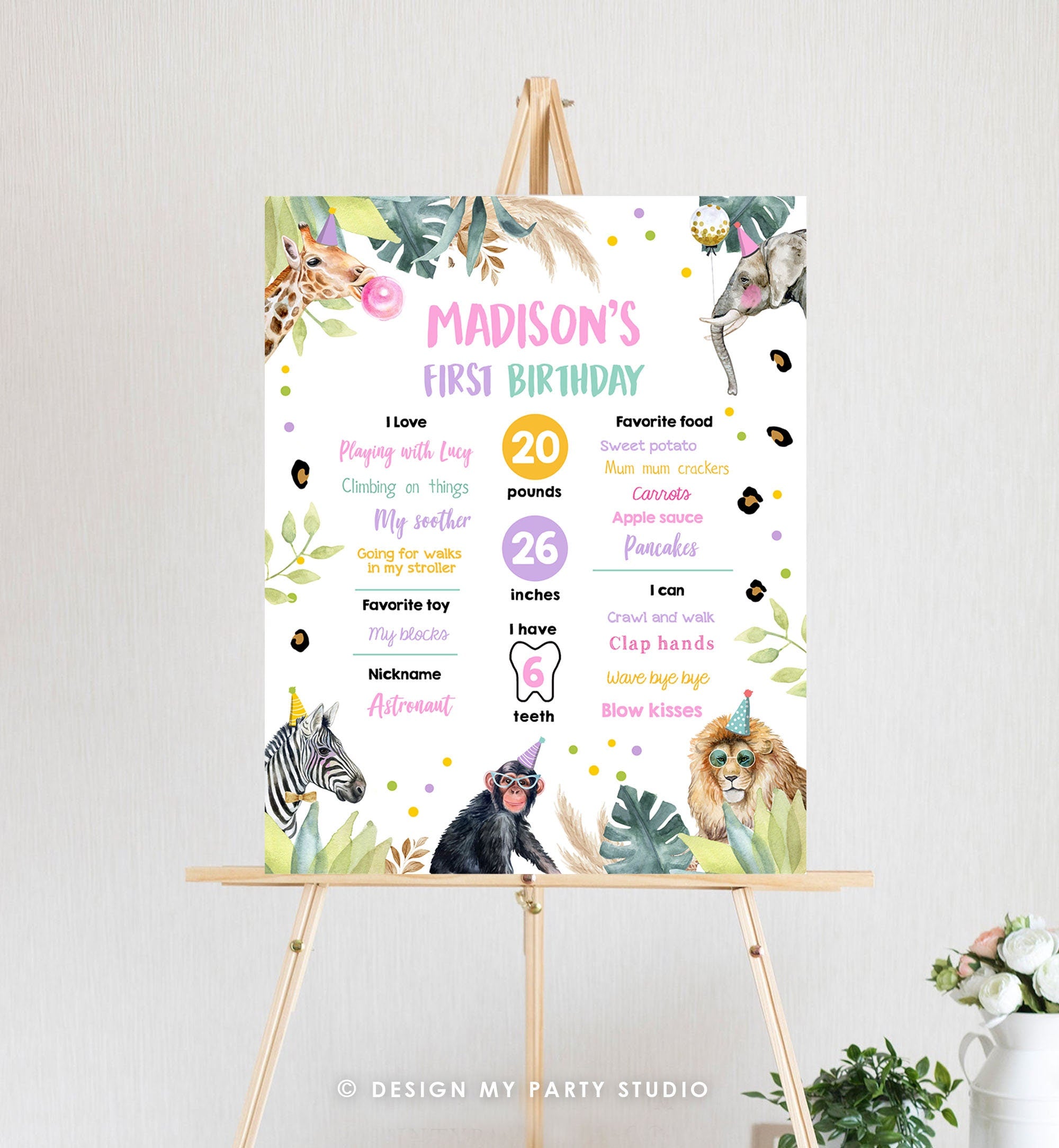 Editable Party Animals Birthday Milestones Girl Pink Sign Wild One Animals Zoo Safari First Birthday 1st Corjl Template Printable 0417