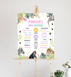 Editable Party Animals Birthday Milestones Girl Pink Sign Wild One Animals Zoo Safari First Birthday 1st Corjl Template Printable 0417