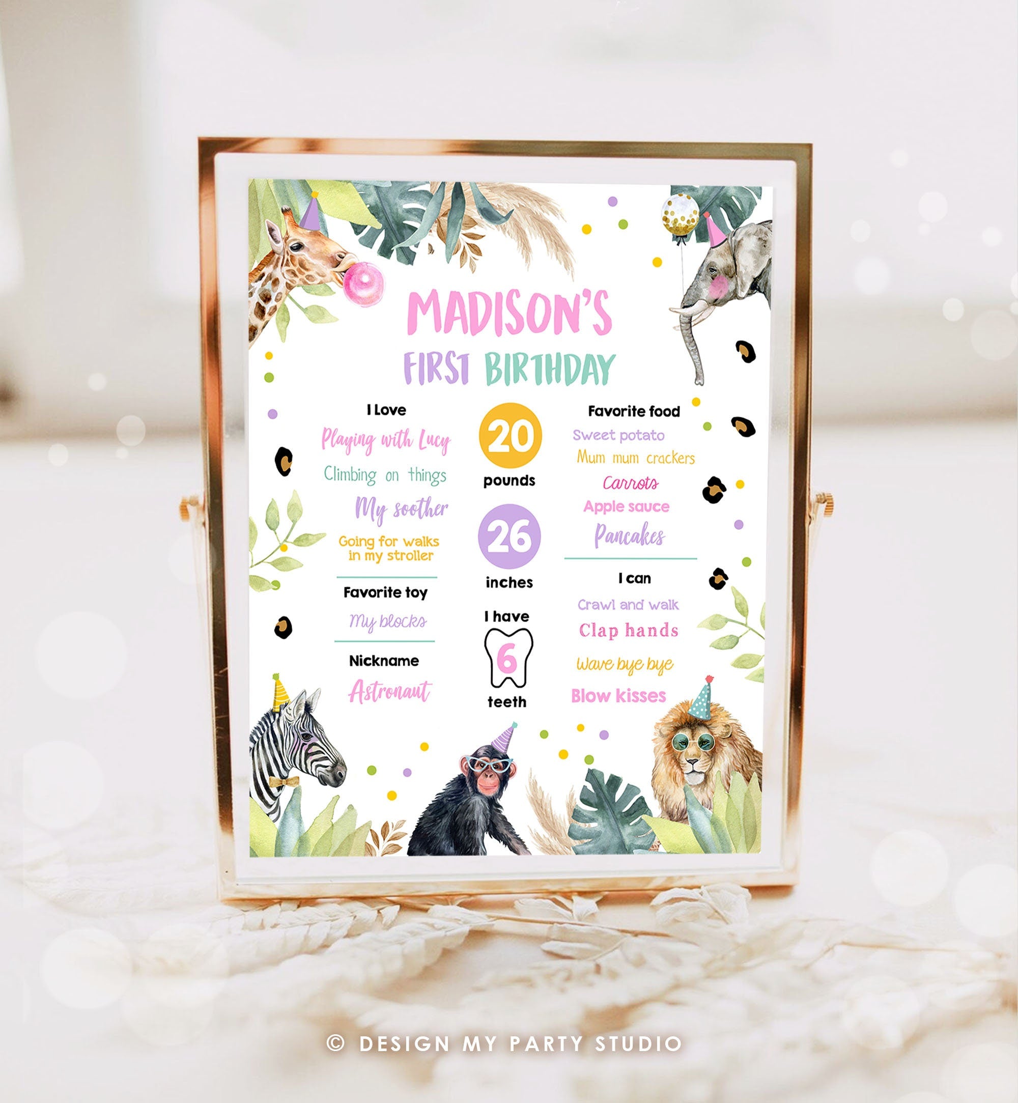 Editable Party Animals Birthday Milestones Girl Pink Sign Wild One Animals Zoo Safari First Birthday 1st Corjl Template Printable 0417