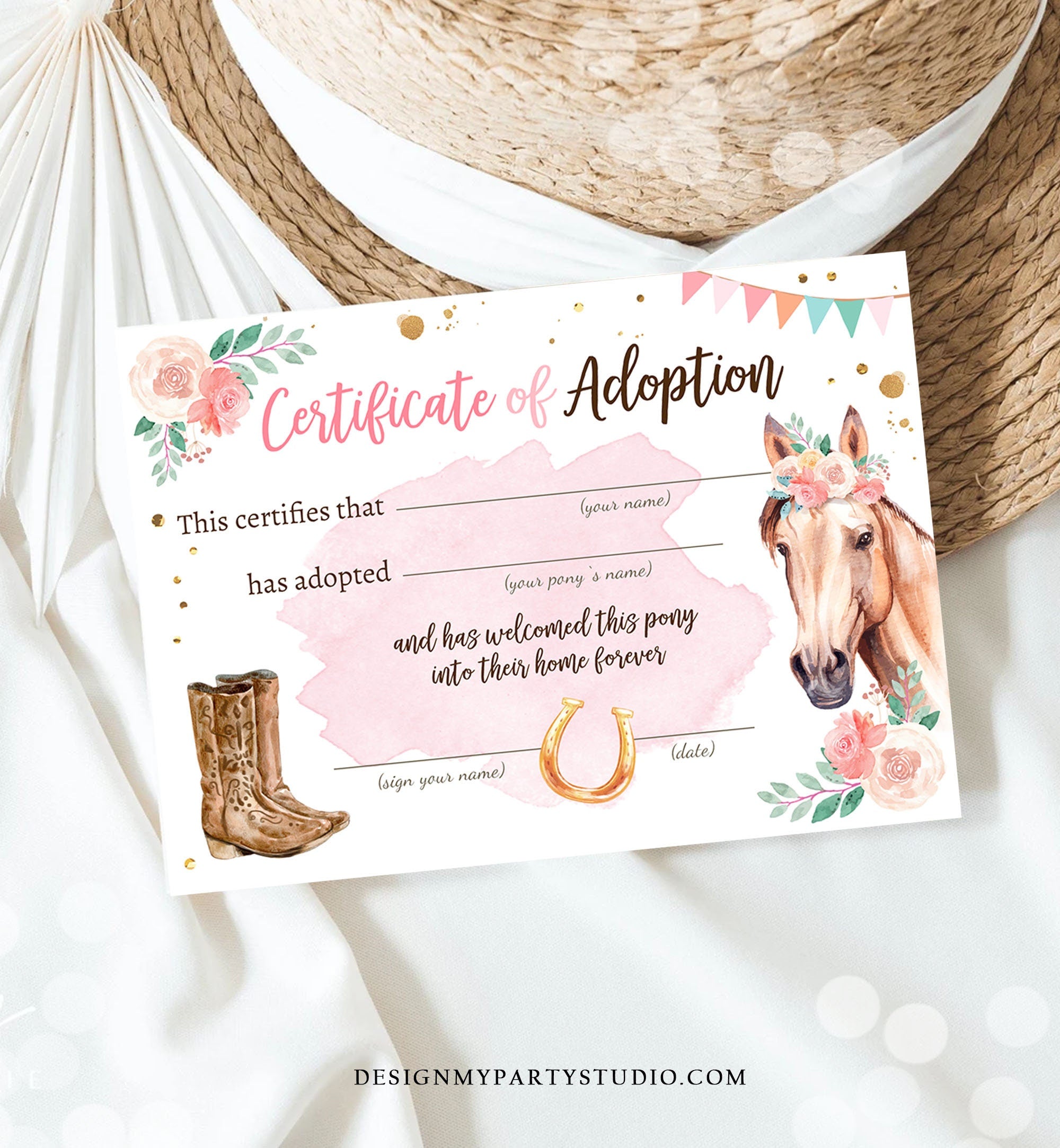 Adopt a Pony Adoption Certificate Horse Adoption Horse Birthday Party Pony Birthday Girl Horseback Riding Download Digital PRINTABLE 0398