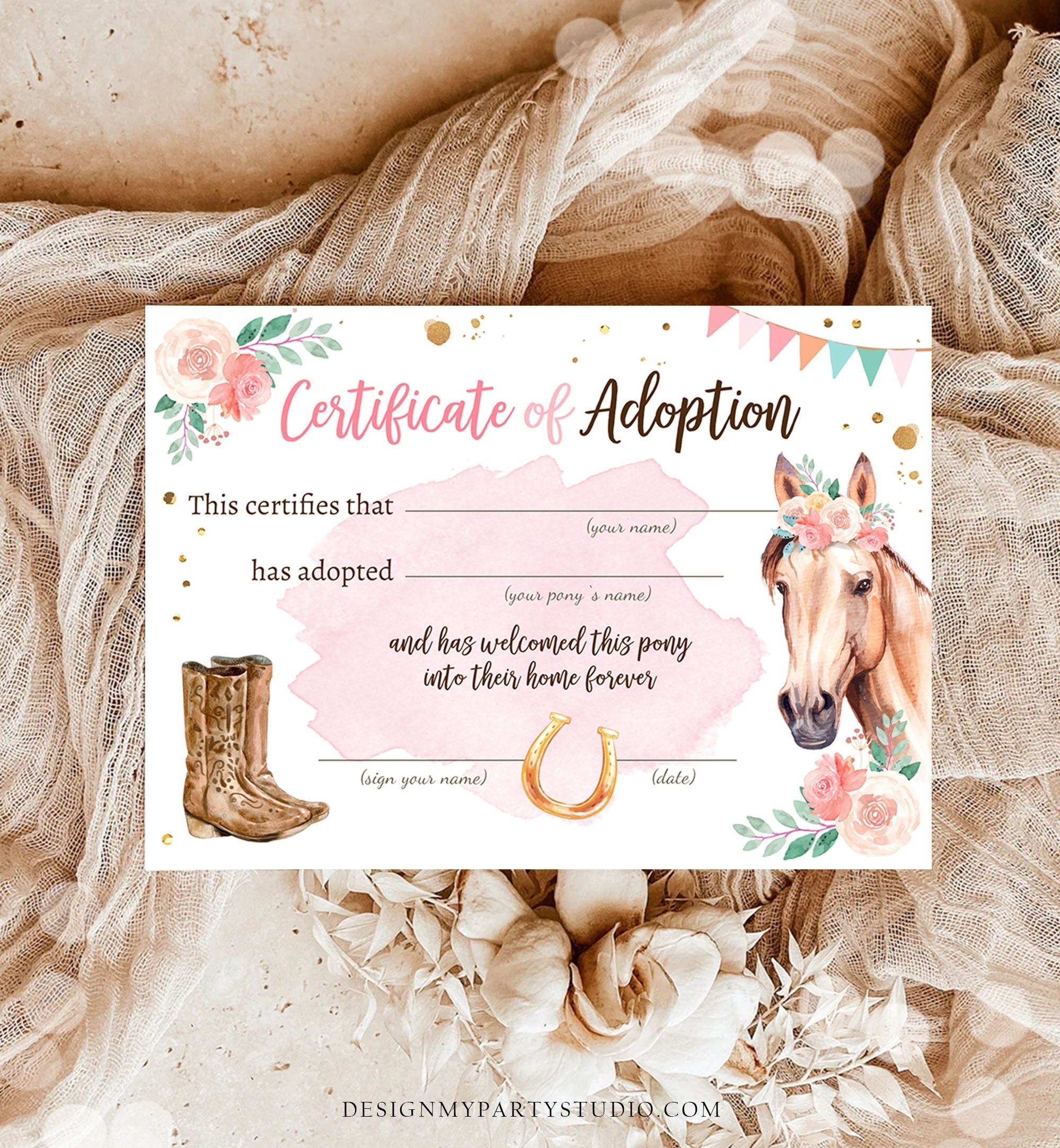 Adopt a Pony Adoption Certificate Horse Adoption Horse Birthday Party Pony Birthday Girl Horseback Riding Download Digital PRINTABLE 0398