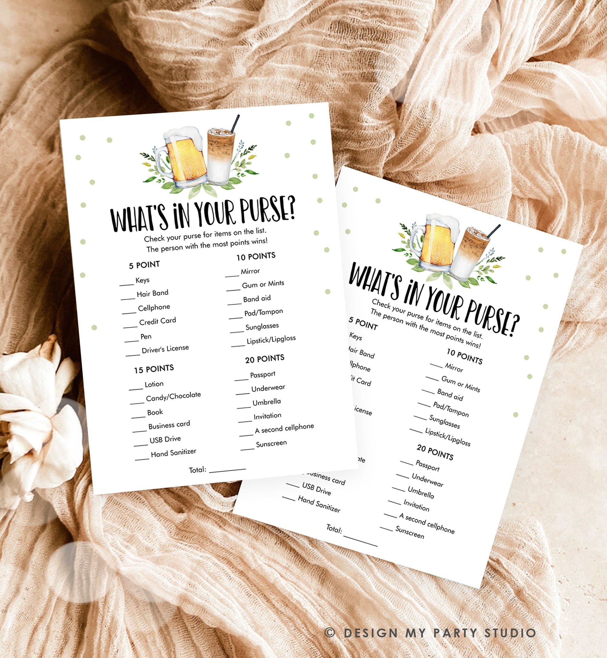 Editable What's in Your Purse Bridal Shower Game Love is Brewing Cold Brew Wedding Activity Shower Activity Corjl Template Printable 0190