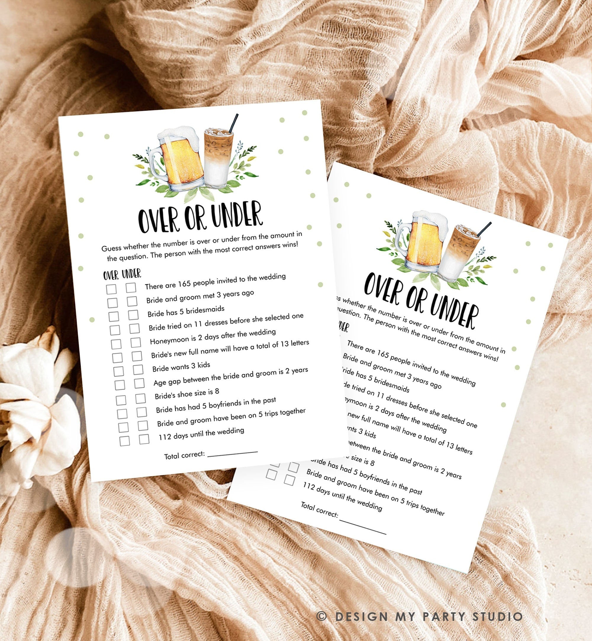 Editable Over or Under Bridal Shower Game Love is Brewing Cold Brew Beer Couples Shower Wedding Activity Corjl Template Printable 0190