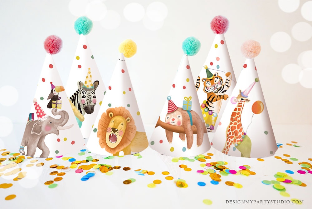 Party Hats Party Animals Birthday Party Birthday Safari Animals Lion Elephant Zebra Giraffe Slot Tiger DIY Digital Download Printable 0482