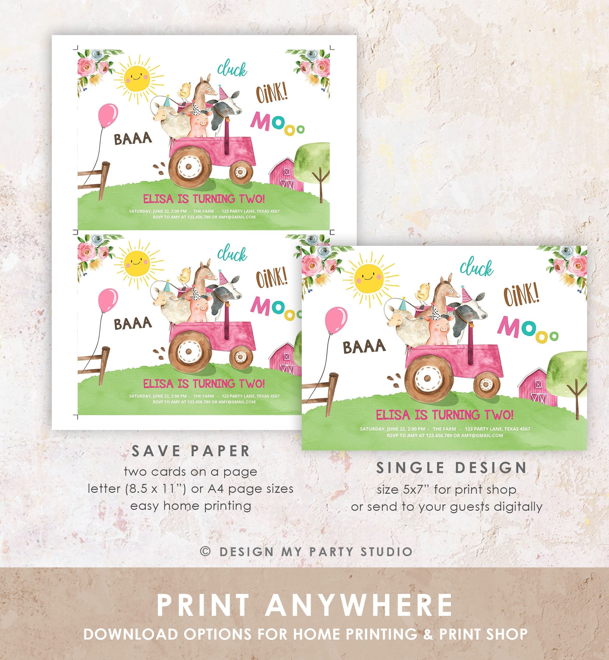 Editable Farm Birthday Invitation Girl Farm Animals Pink Tractor Barnyard Party Tractor Digital Download Corjl Template Printable 0155