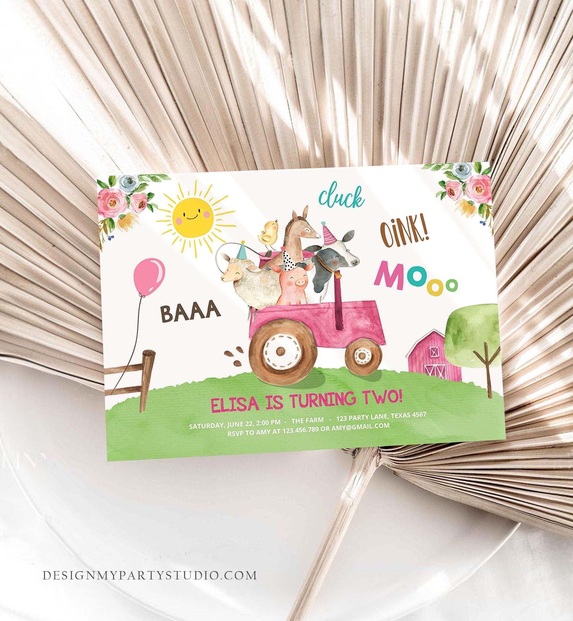 Editable Farm Birthday Invitation Girl Farm Animals Pink Tractor Barnyard Party Tractor Digital Download Corjl Template Printable 0155