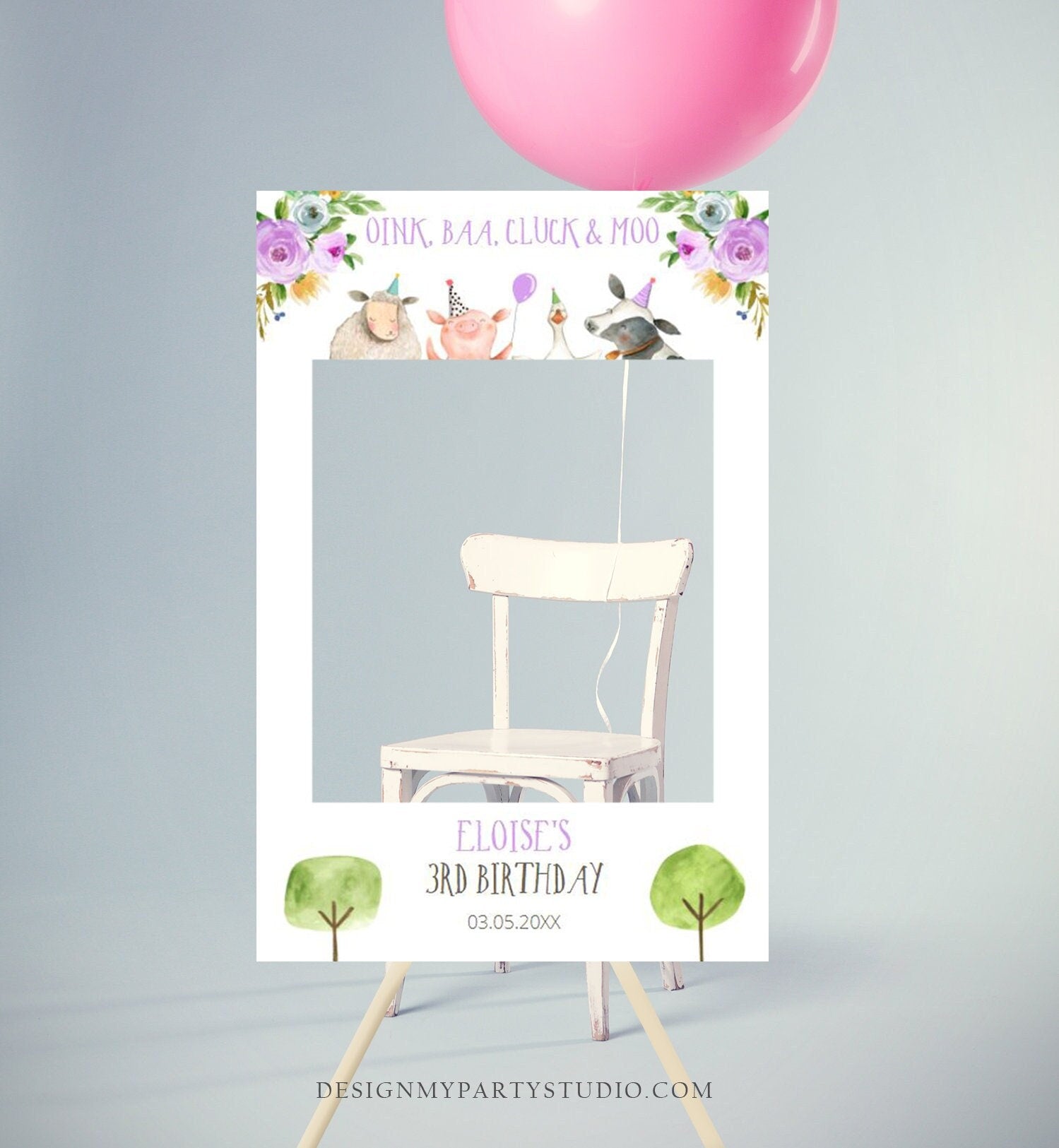 Editable Farm Animals Birthday Photo Prop Frame Barnyard Birthday Pink Girl Party Photo Booth Decor Farm Animals Template PRINTABLE 0155