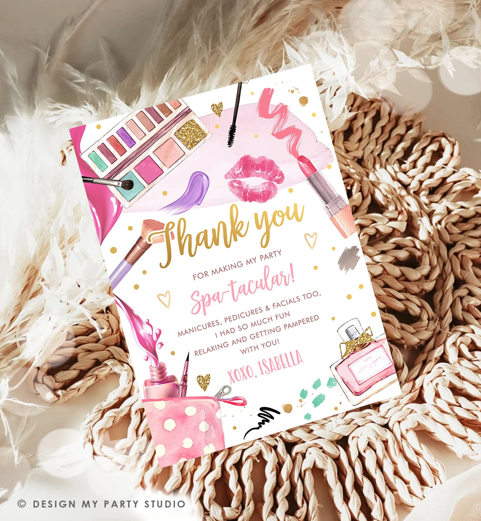 Editable Spa Party Thank You Card Glamour Party Thank You Note Spa Birthday Girl Make Up Party Glam Pink Digital Corjl Template 0420