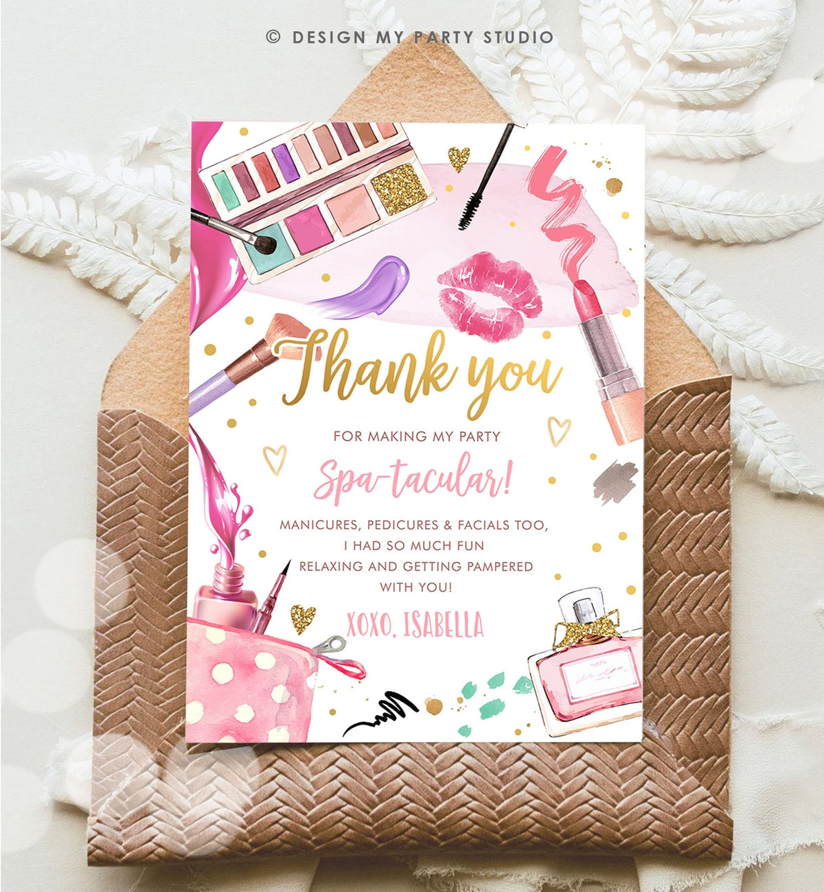 Editable Spa Party Thank You Card Glamour Party Thank You Note Spa Birthday Girl Make Up Party Glam Pink Digital Corjl Template 0420