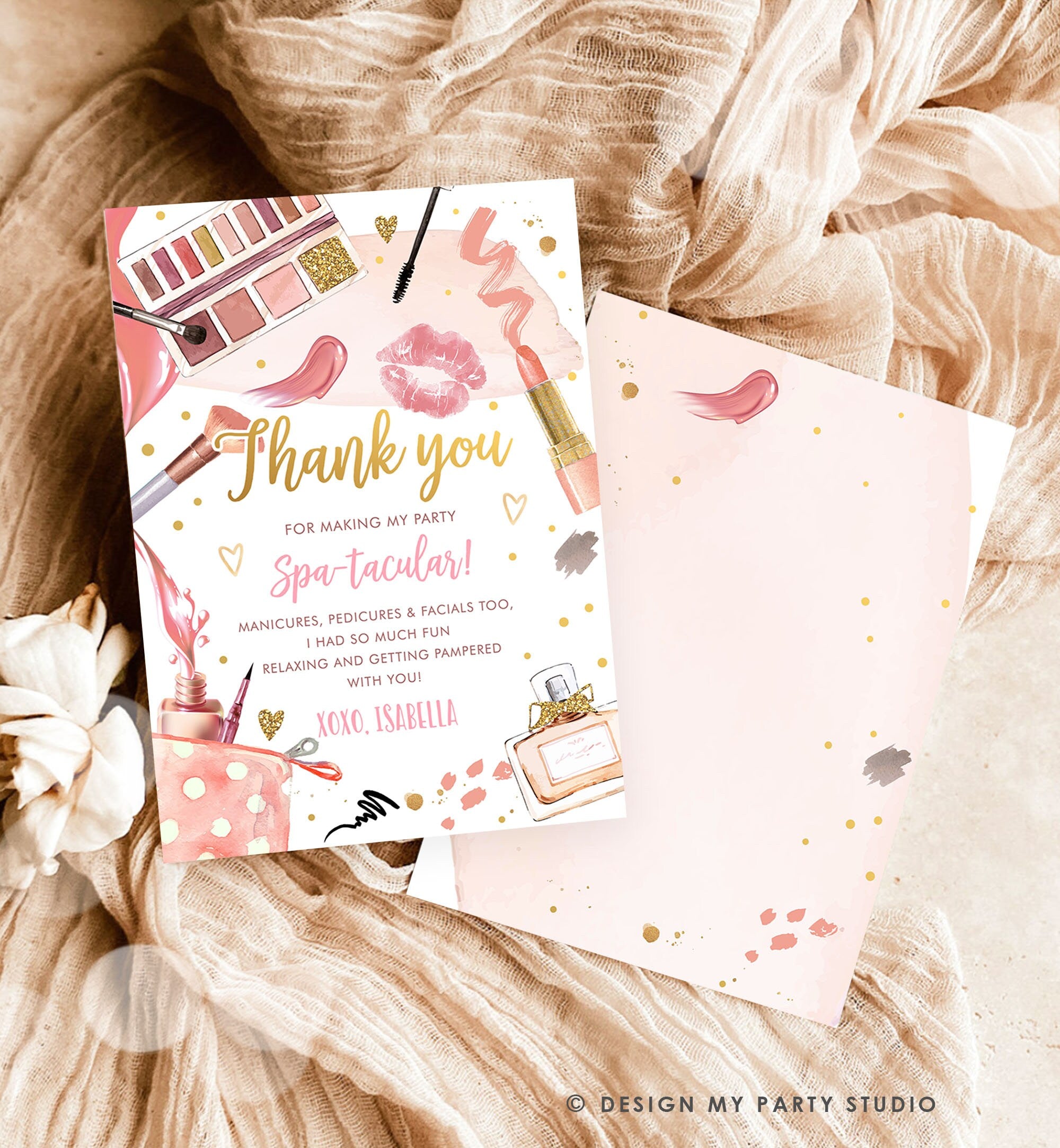 Editable Spa Party Thank You Card Glamour Party Thank You Note Spa Birthday Girl Make Up Party Glam Pink Digital Corjl Template 0420