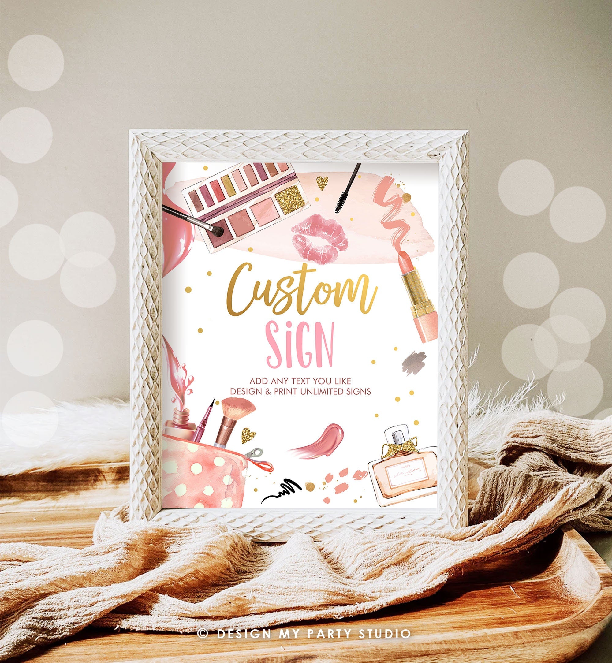 Editable Custom Sign Spa Party Sign Makeup Party Pink Gold Girl Teen Birthday Glitters and Glamour Table 8x10 Corjl Template Printable 0420