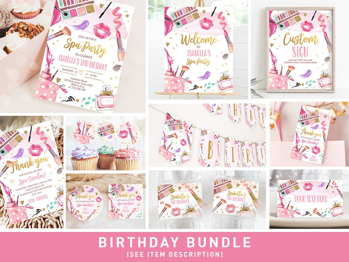 Spa Party Birthday Invitation Bundle Glitters and Glamour Make Up Fashion Birthday Party Girl Kit Package Corjl Template Printable 0420