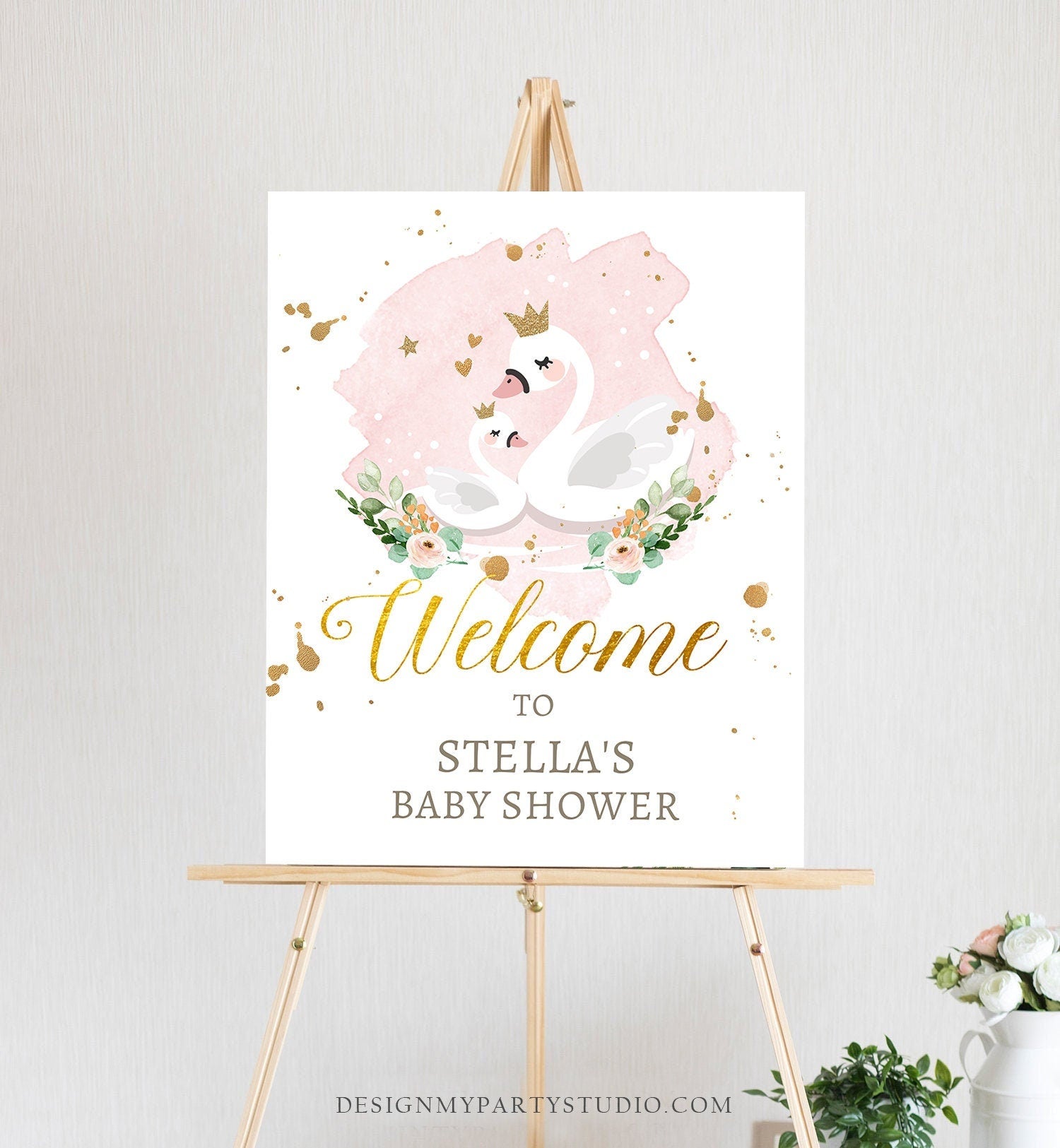 Editable Swan Baby Shower Welcome Sign Swan Welcome Princess Girl Shower Blush Pink Gold Floral Swan Decor Template Corjl PRINTABLE 0382