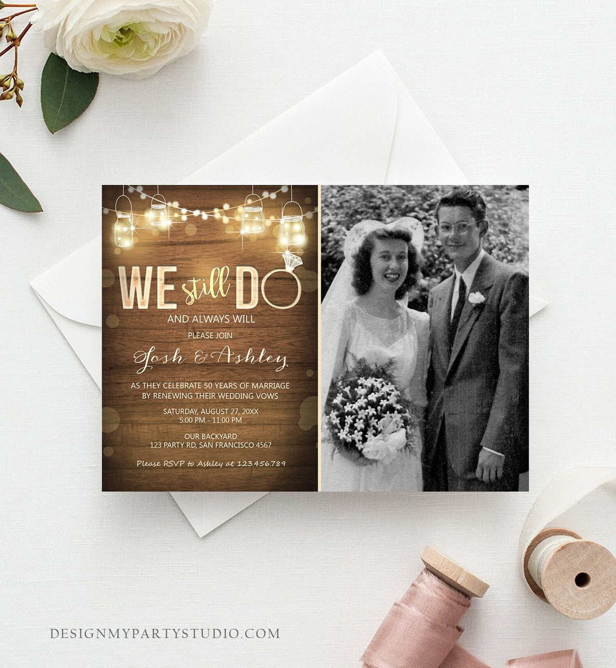 Editable We Still Do Wedding Anniversary Invitation Photo Rustic Wood String Lights Jars Digital Download Corjl Template Printable 0015