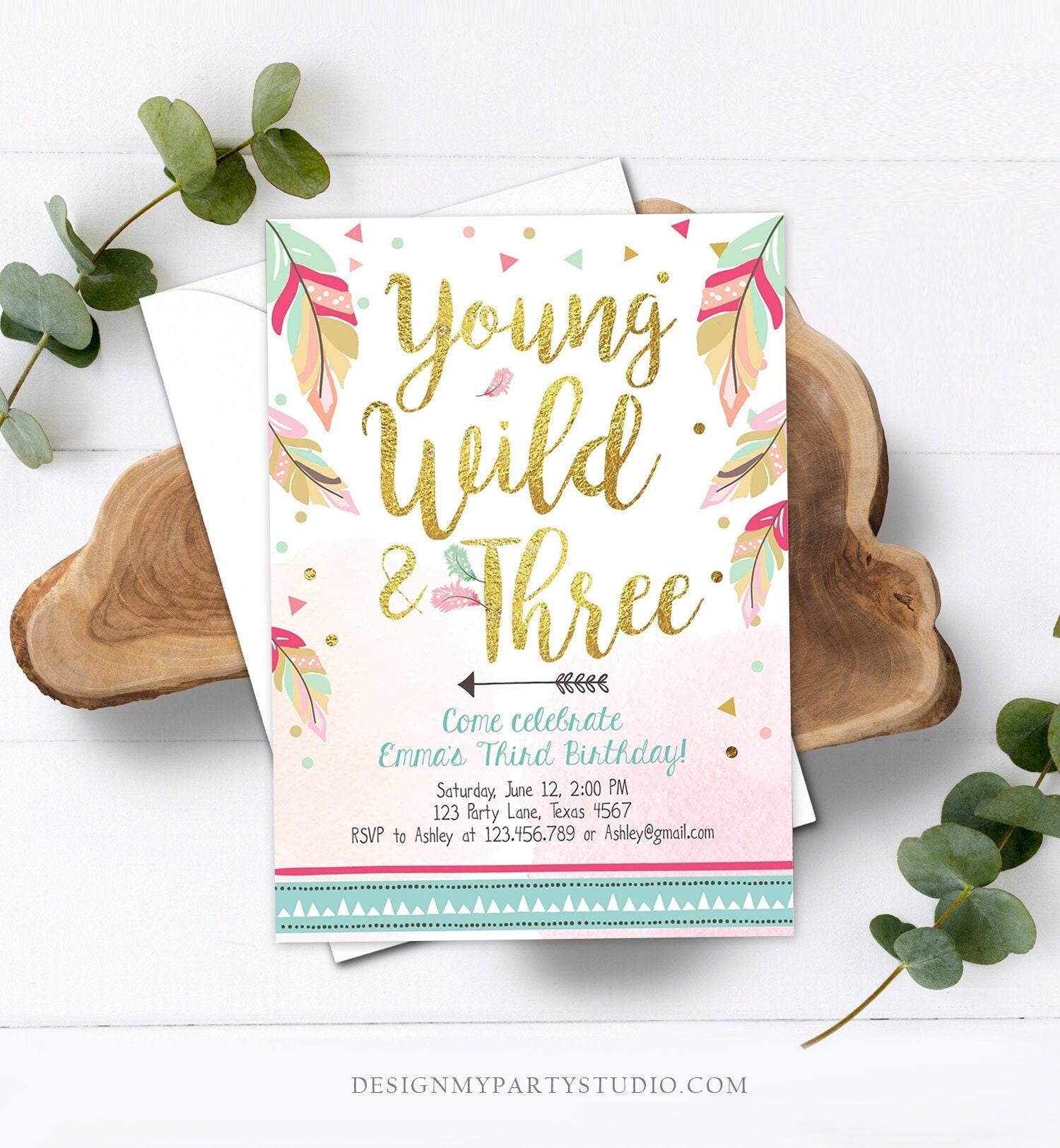 Editable Young Wild and Three Invitation Tribal Boho Feathers Girl Pink Gold Third 3rd Birthday Download Corjl Template Printable 0038