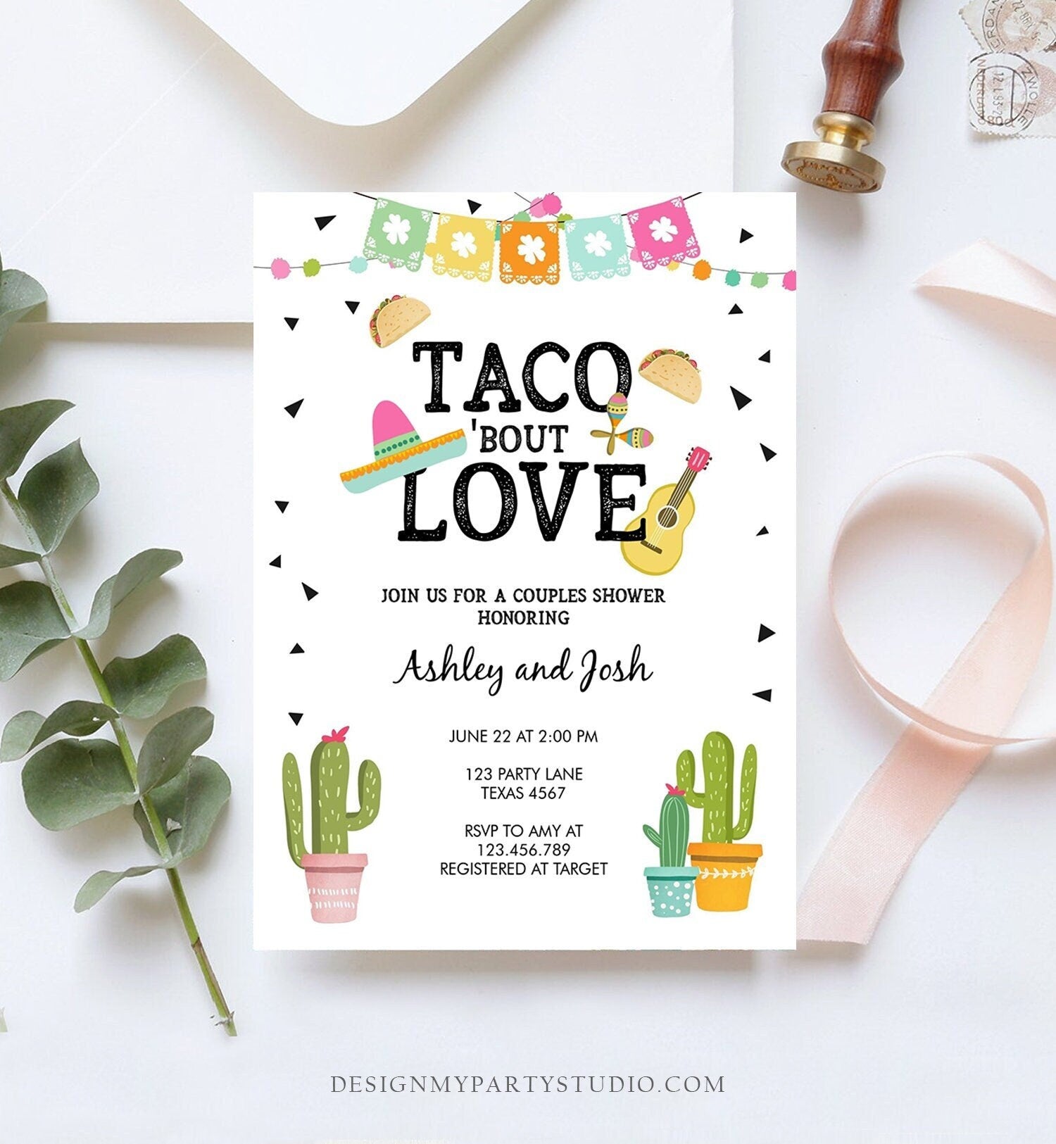 Editable Taco Bout Love Couples Shower Invitation Fiesta Cactus Succulent Mexican Green Pink Digital Download Corjl Template Printable 0161