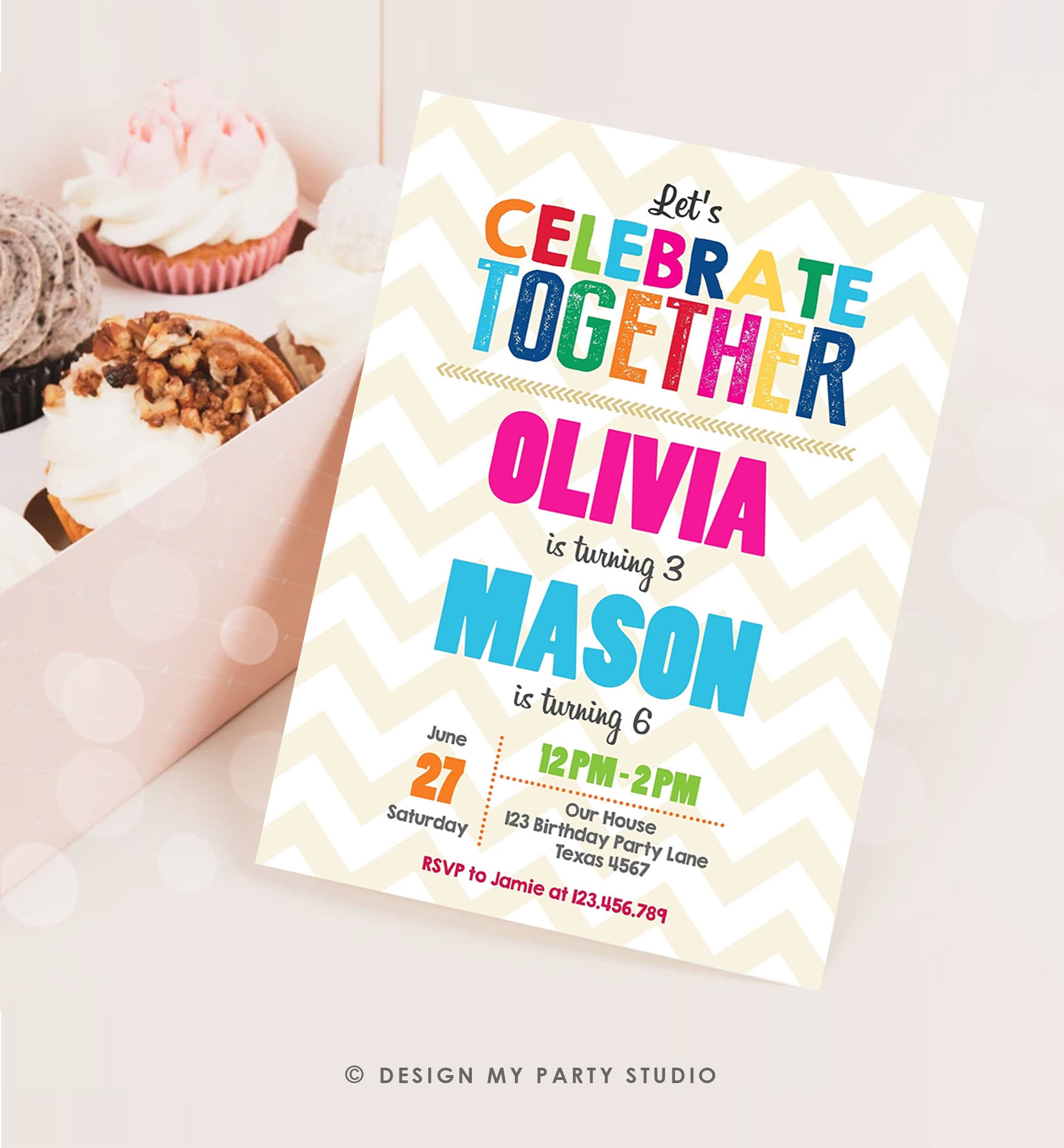 Editable Joint Twin Birthday Invitation Twins Party Boy Girl Birthday Siblings Party Rainbow Digital Download Corjl Template Printable 0087