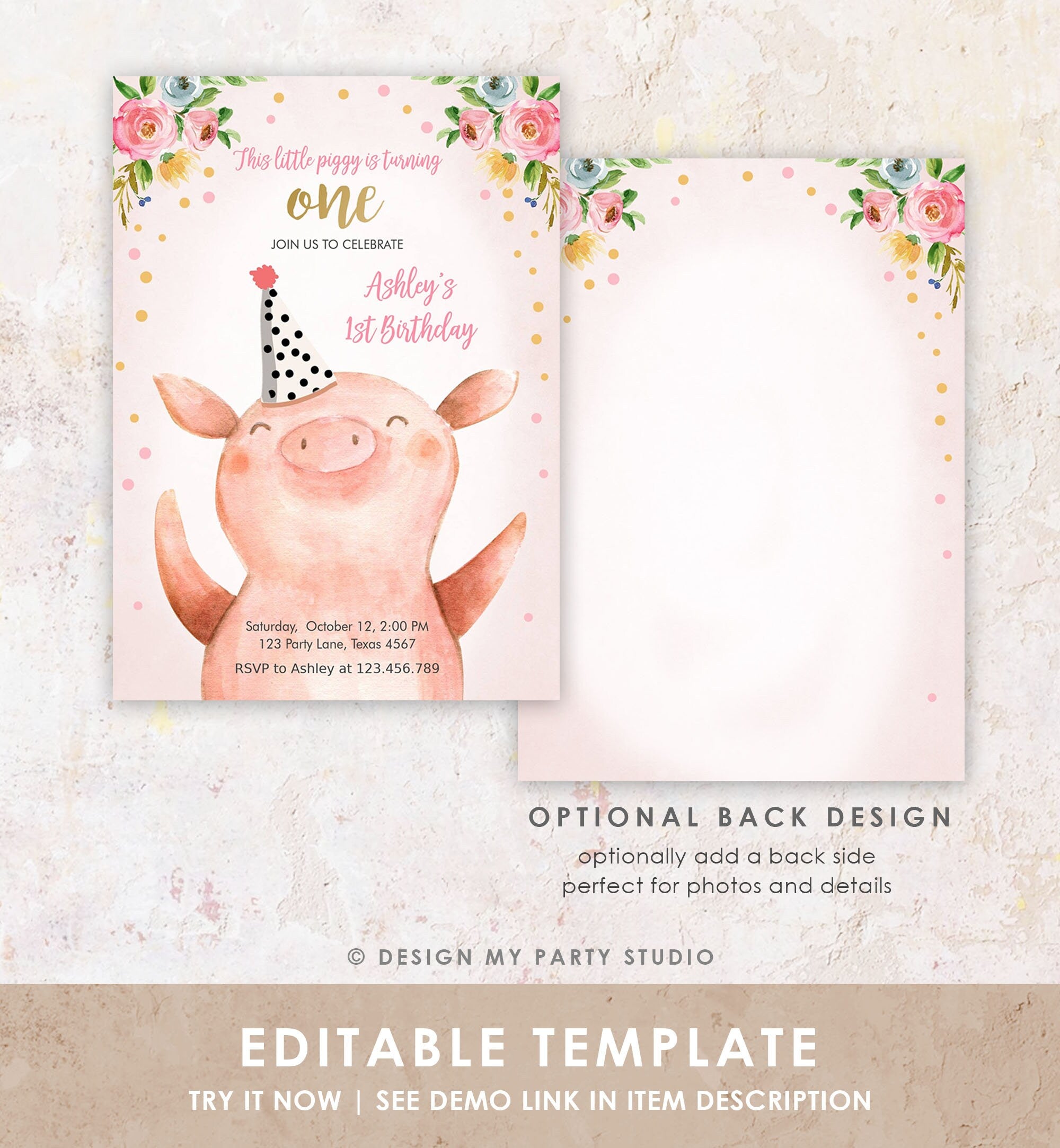 Editable Pig Birthday Invitation Girl Farm Animals Party Animals Pink Floral Barnyard Party Digital Download Corjl Template Printable 0188