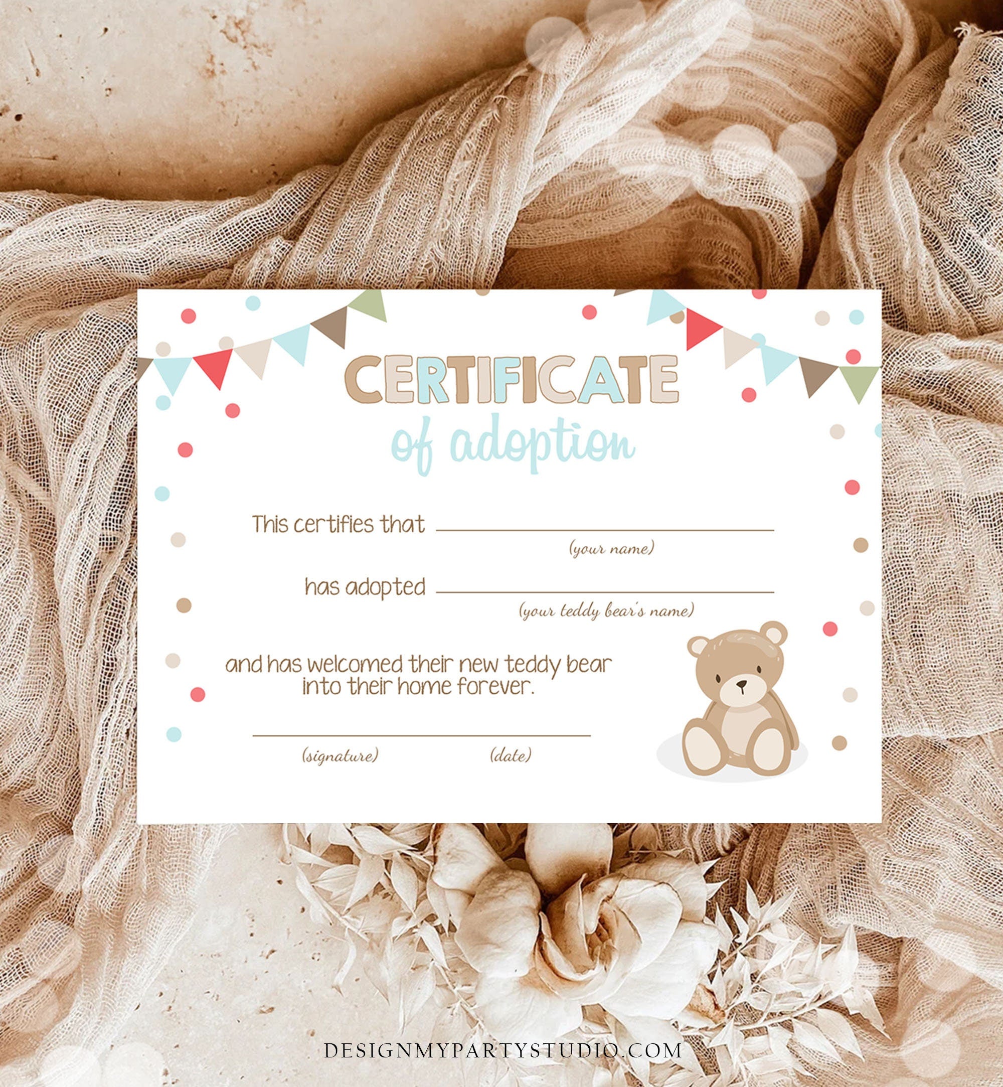 Teddy Bear Adoption Certificate Teddy Bear Birthday Teddy Bear Picnic Decor Boy Blue Adopt a Teddy Bear Download Digital Printable 0100