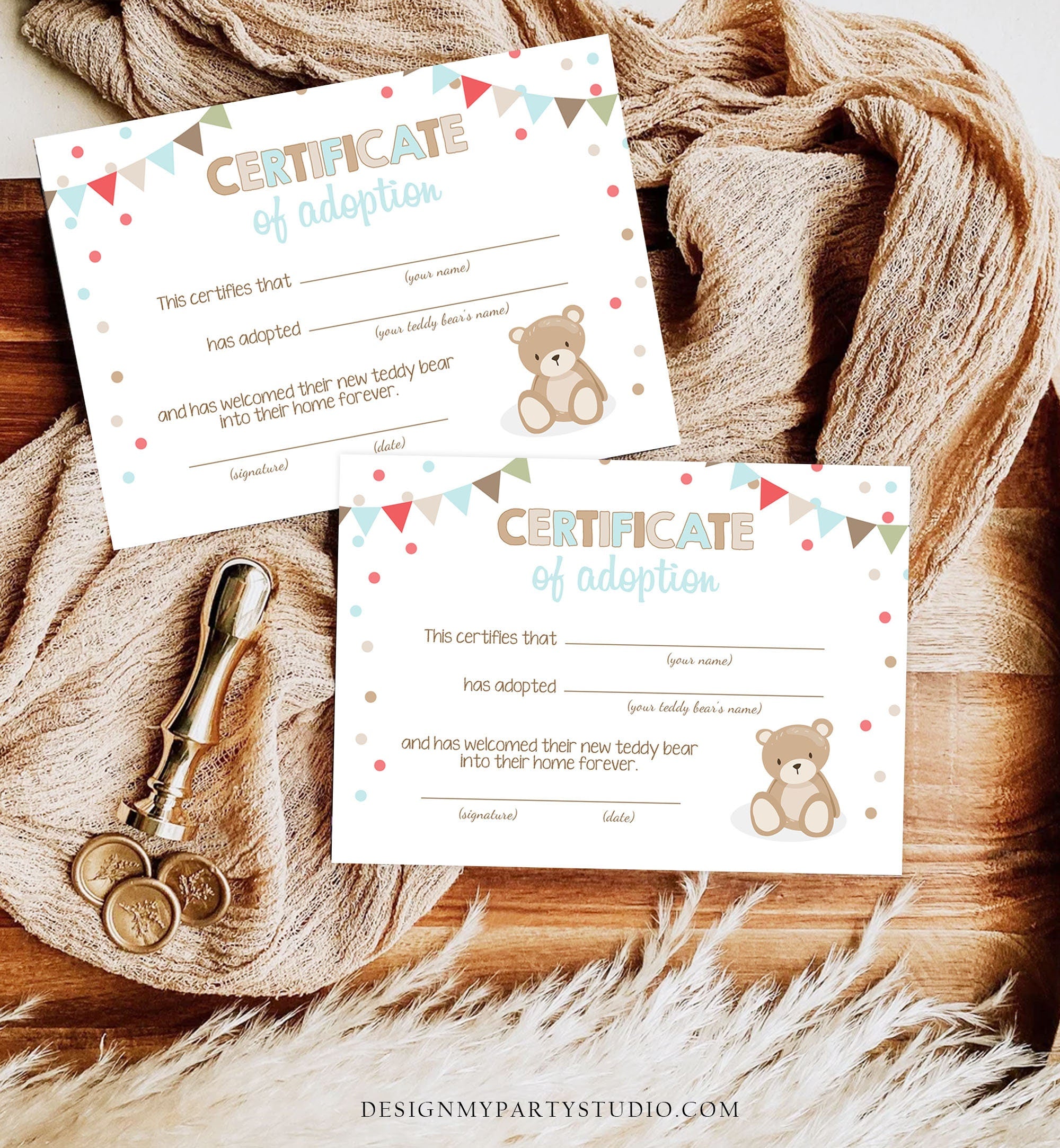 Teddy Bear Adoption Certificate Teddy Bear Birthday Teddy Bear Picnic Decor Boy Blue Adopt a Teddy Bear Download Digital Printable 0100