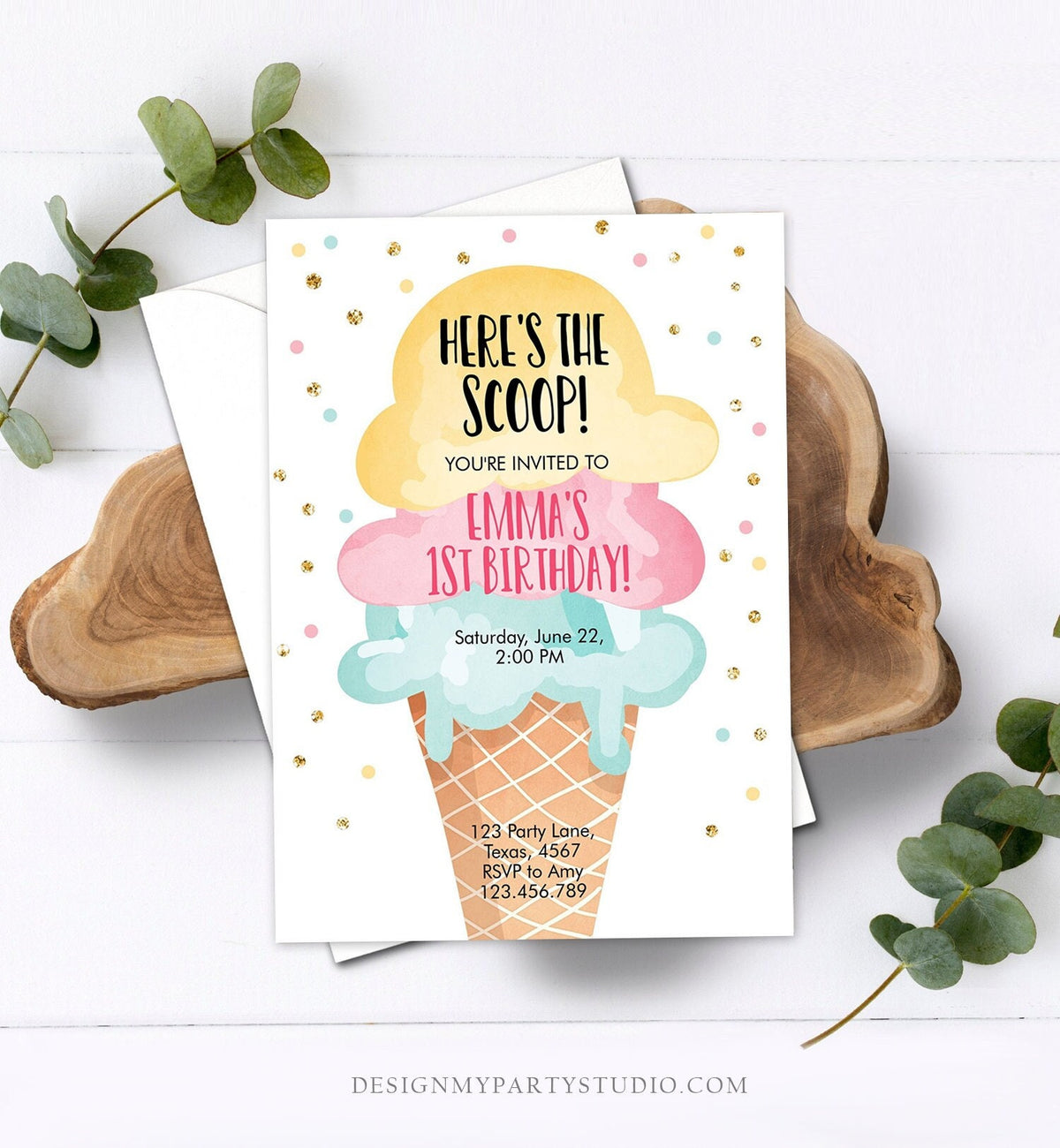 Editable Ice Cream Birthday Invitation First Birthday Party Here&amp;#39;s the Scoop Cone Pink Mint Gold Download  Corjl Template Printable 0243