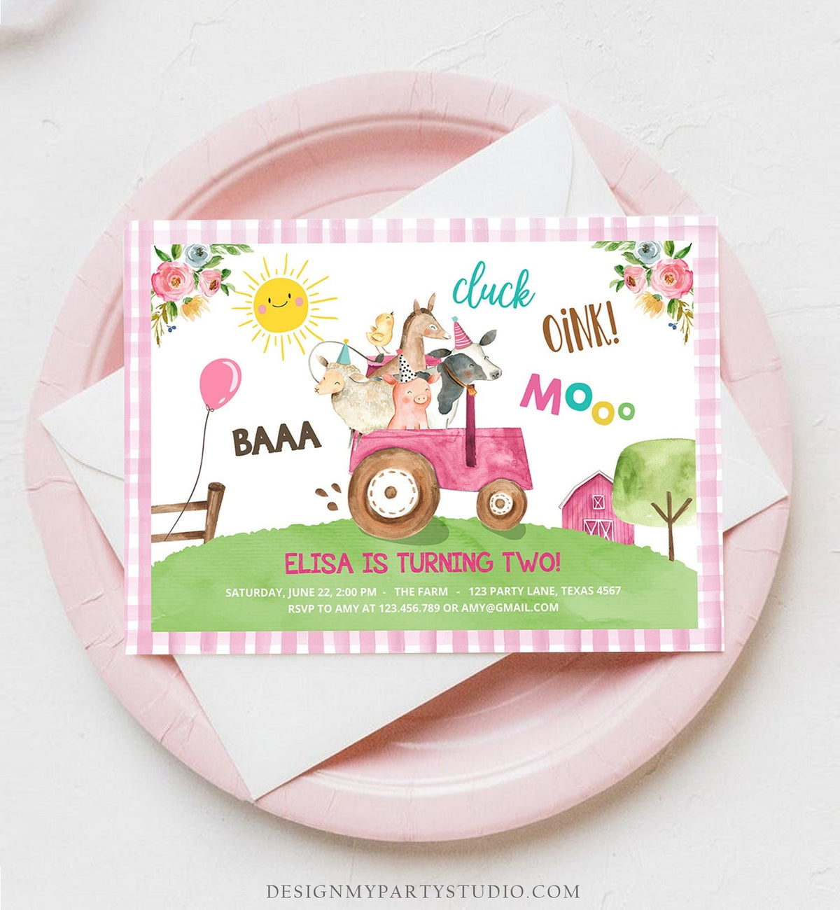 Editable Farm Birthday Invitation Girl Farm Animals Pink Floral Barnyard Party Tractor Digital Download Corjl Template Printable 0155