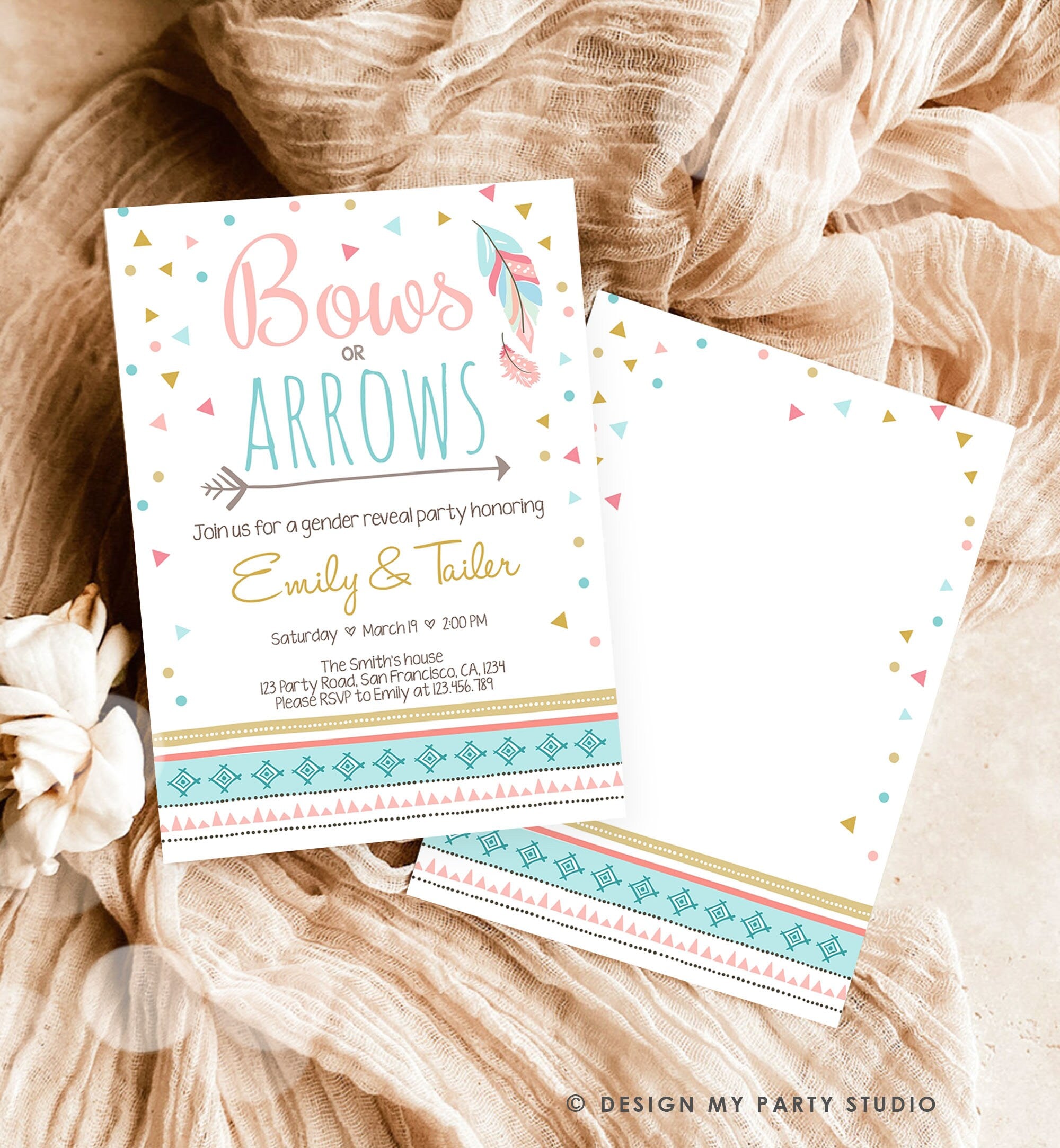 Editable Bows or Arrows Gender Reveal Invitation Tribal Boy or Girl He or She Blue Pink Digital Download Corjl Template Printable 0284